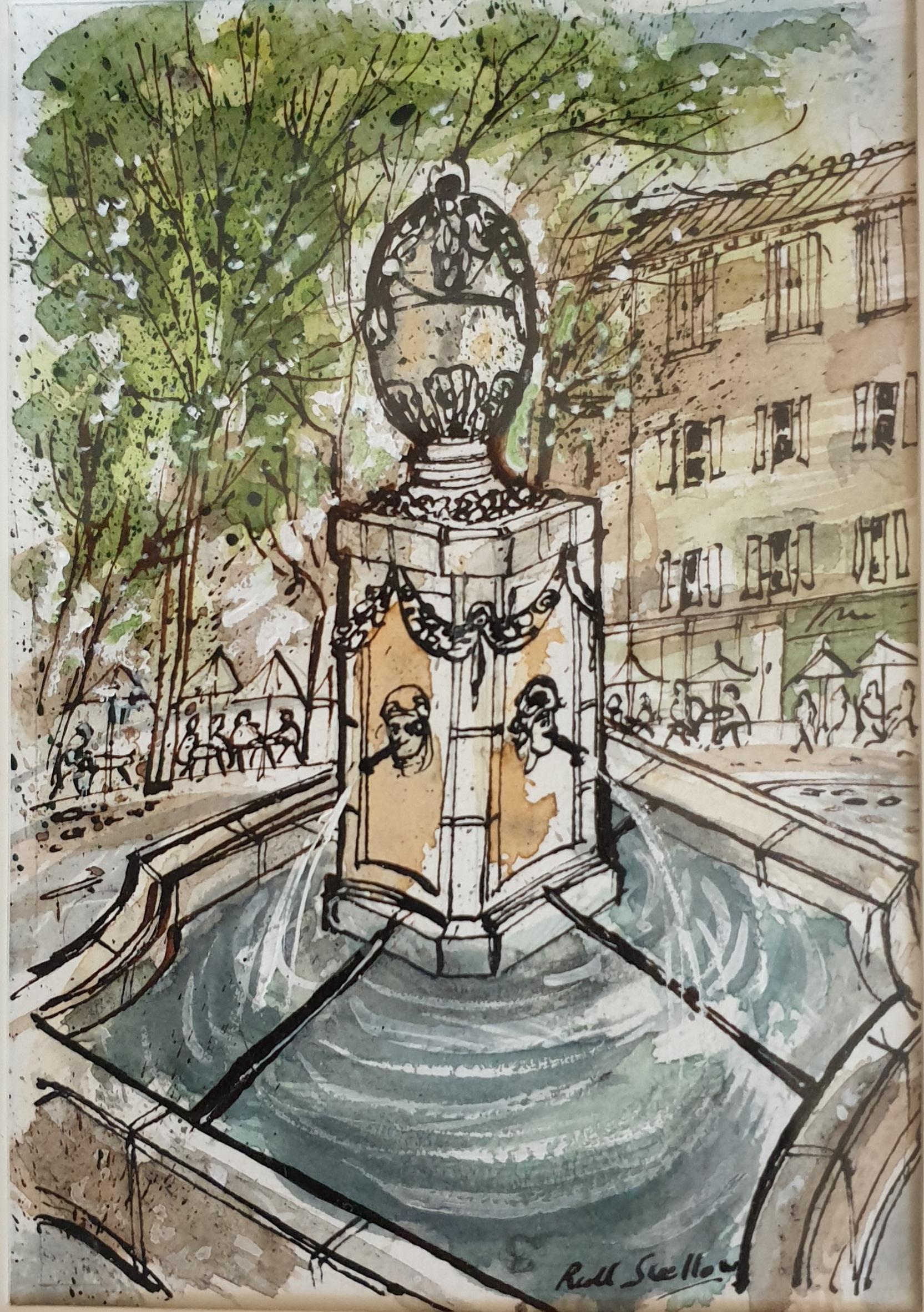 Ink and Watercolour of a Cotignac Fountain, Provence. Les Quatres Saisons.
