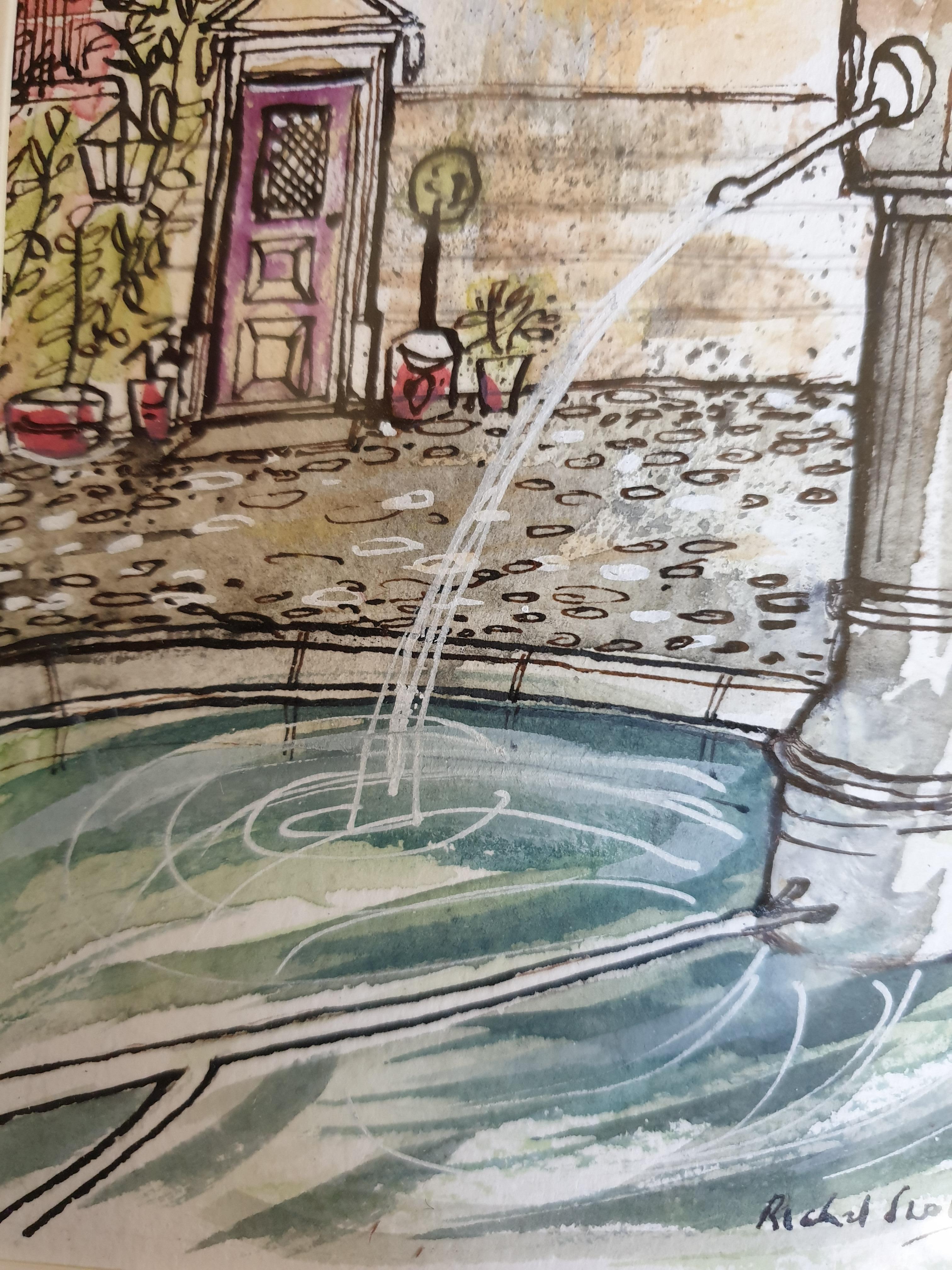 Ink and Watercolour of a Fountain in Cotignac, Provence. 'Place Gabriel Philis' - Contemporary Art by Richard Swallow