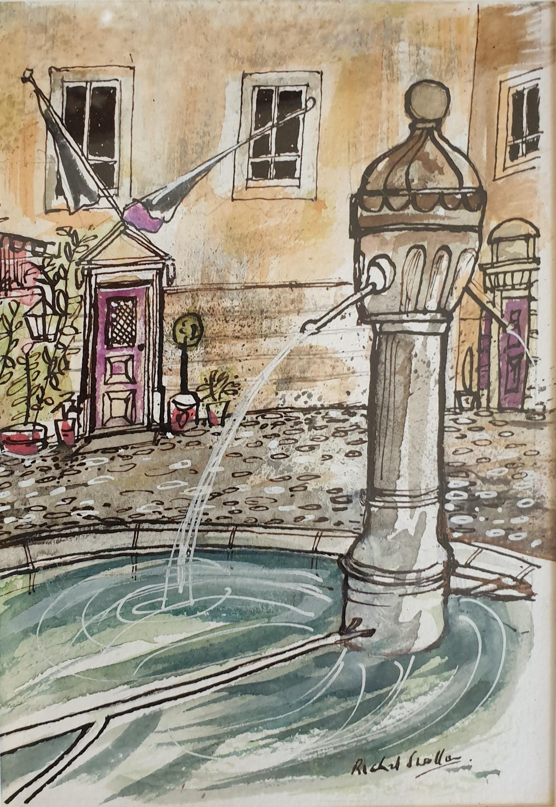 Richard Swallow Landscape Art - Ink and Watercolour of a Fountain in Cotignac, Provence. 'Place Gabriel Philis'