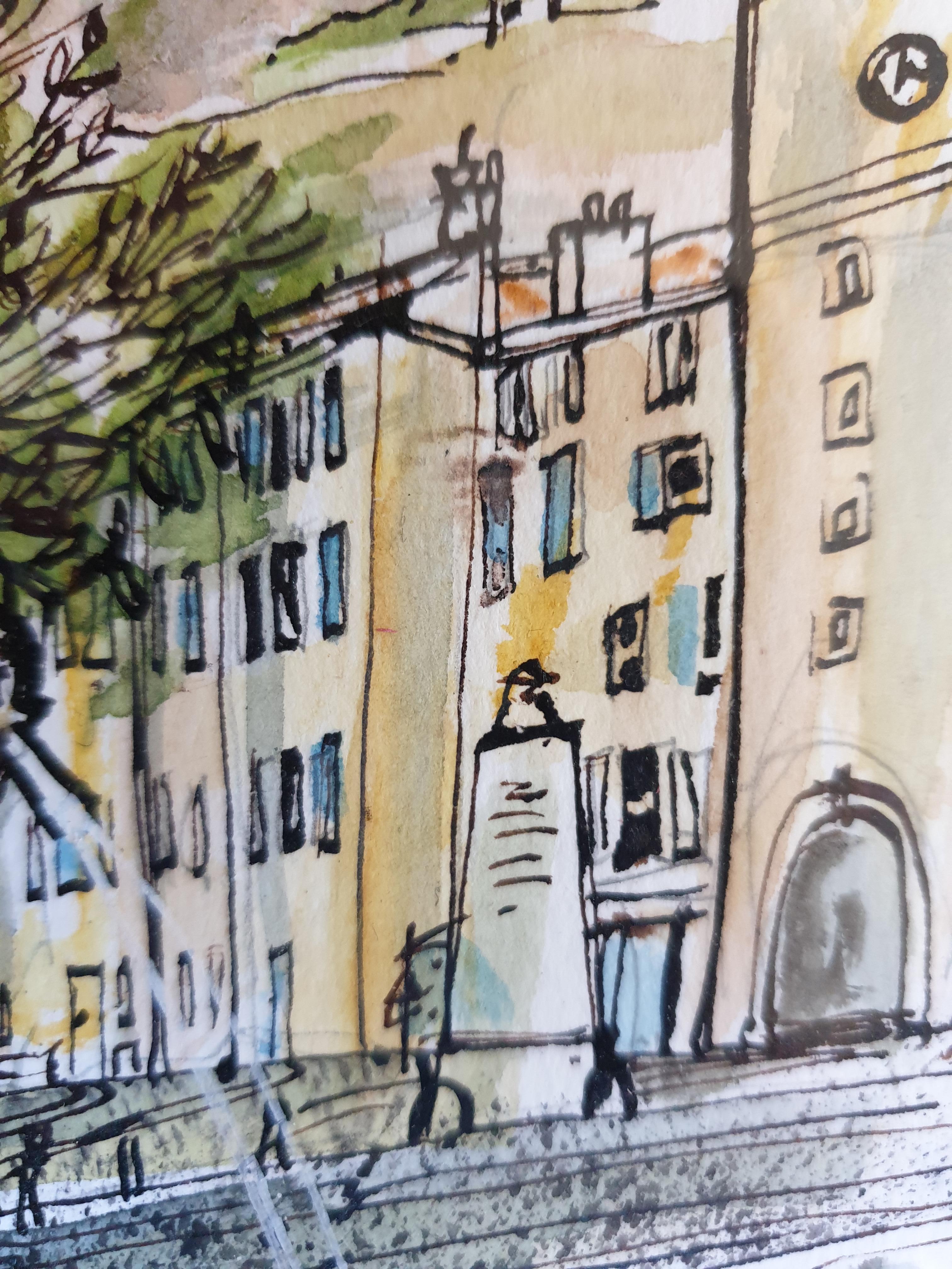 Ink and Watercolour of a Fountain in Cotignac, Provence. Place de la Mairie. - Contemporary Art by Richard Swallow