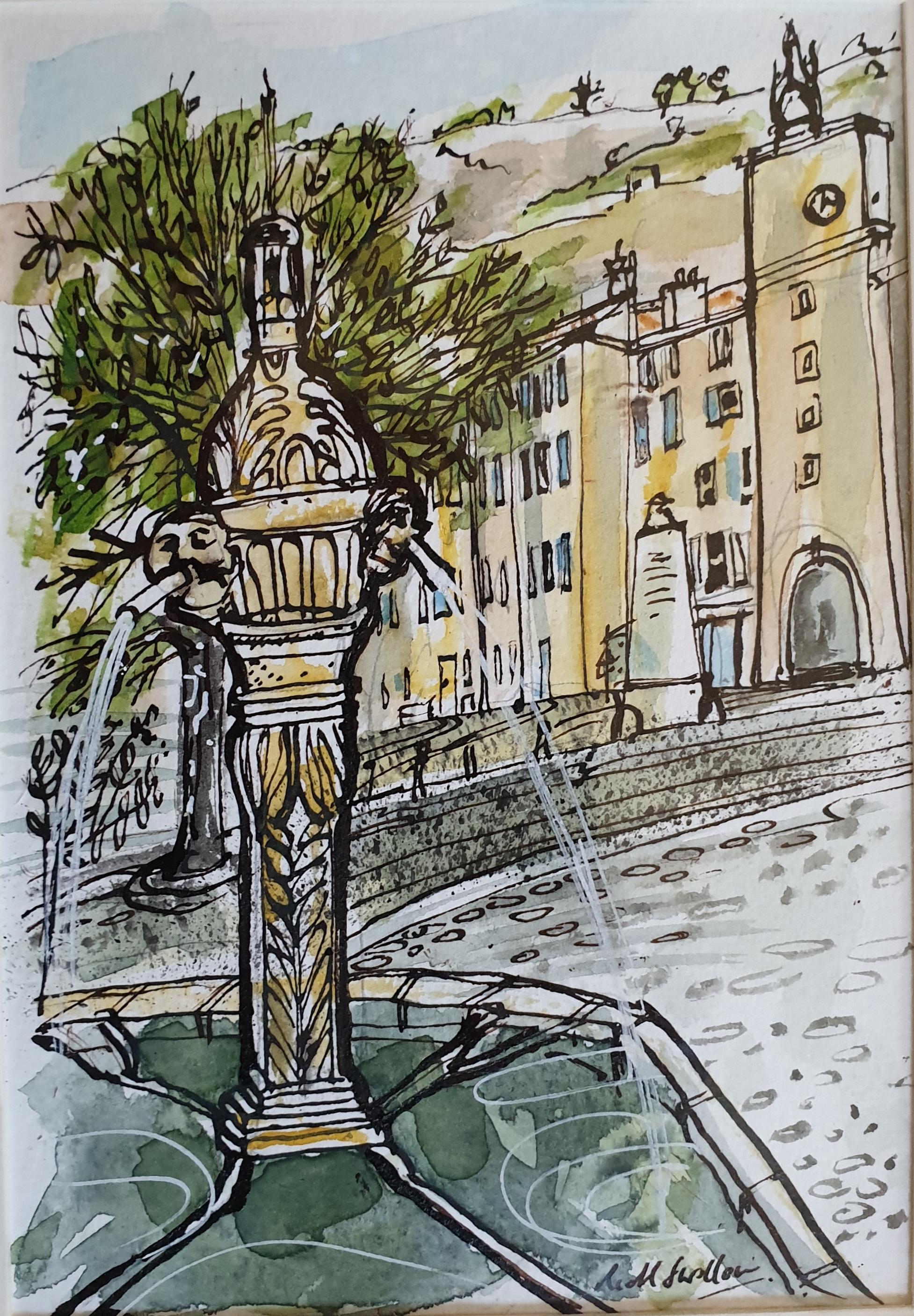 Richard Swallow Landscape Art - Ink and Watercolour of a Fountain in Cotignac, Provence. Place de la Mairie.