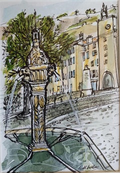 Ink and Watercolour of a Fountain in Cotignac, Provence. Place de la Mairie.
