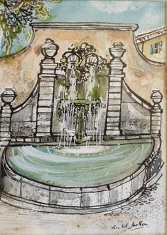 Ink and Watercolour of a Fountain in Cotignac, Provence. Fontaine des Dauphins. 