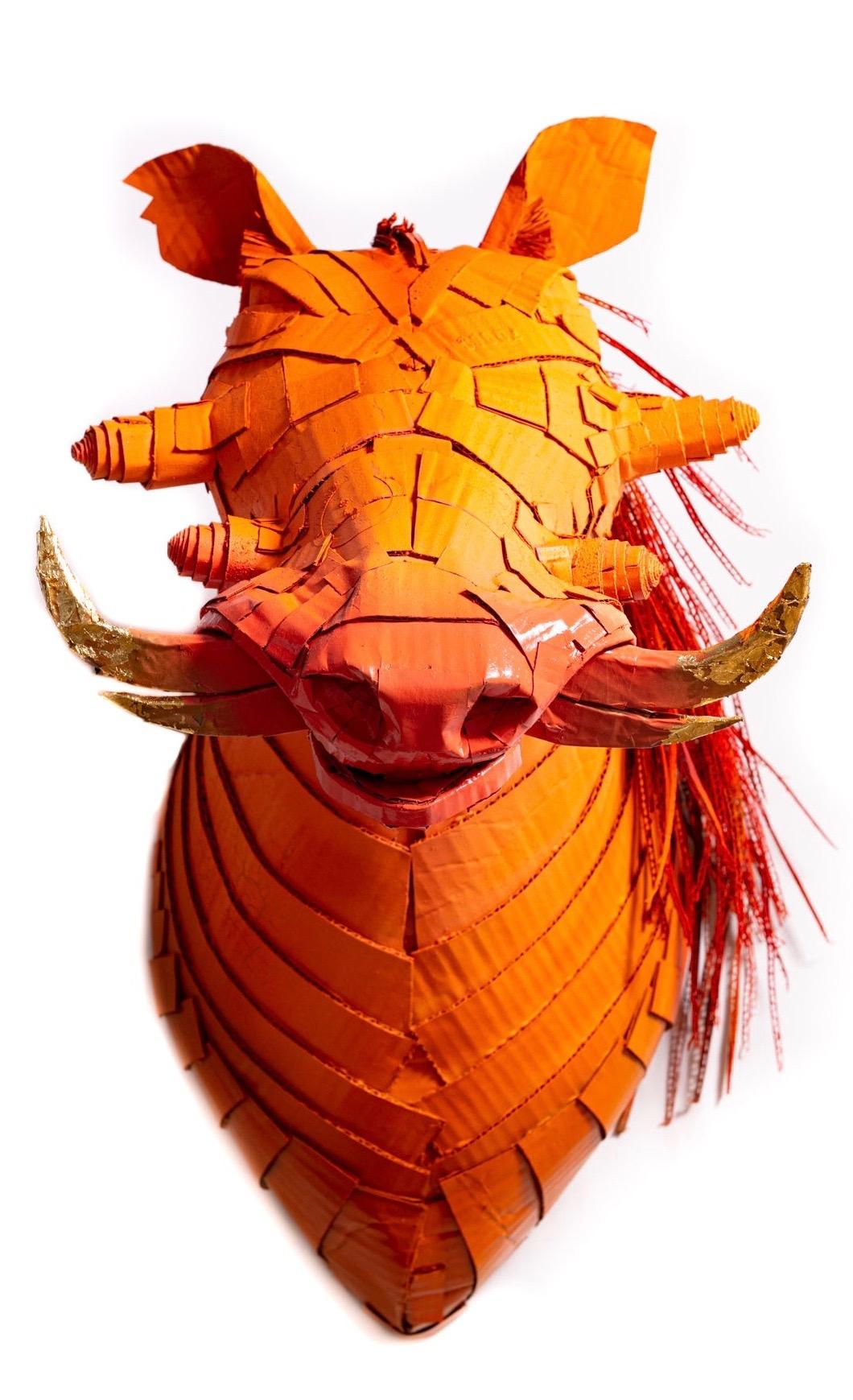 Warthog in Hermès Orange with Gold Leaf Horn Detail - Art by Justin King