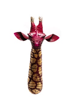 Giraffe Sculpture in Raspberry Red with Gold Leaf Spotted Detail