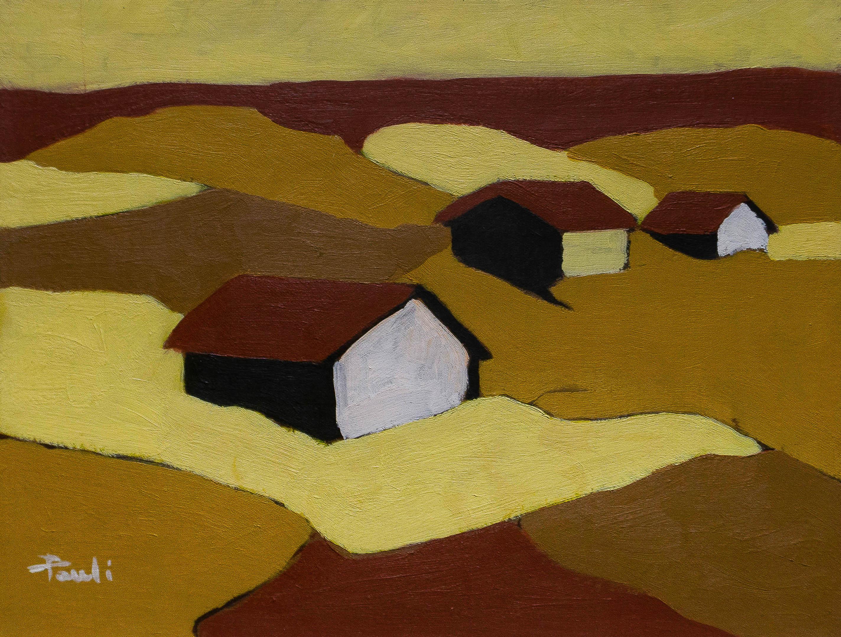Gilbert Pauli Landscape Painting – Abgebaute Scheunen