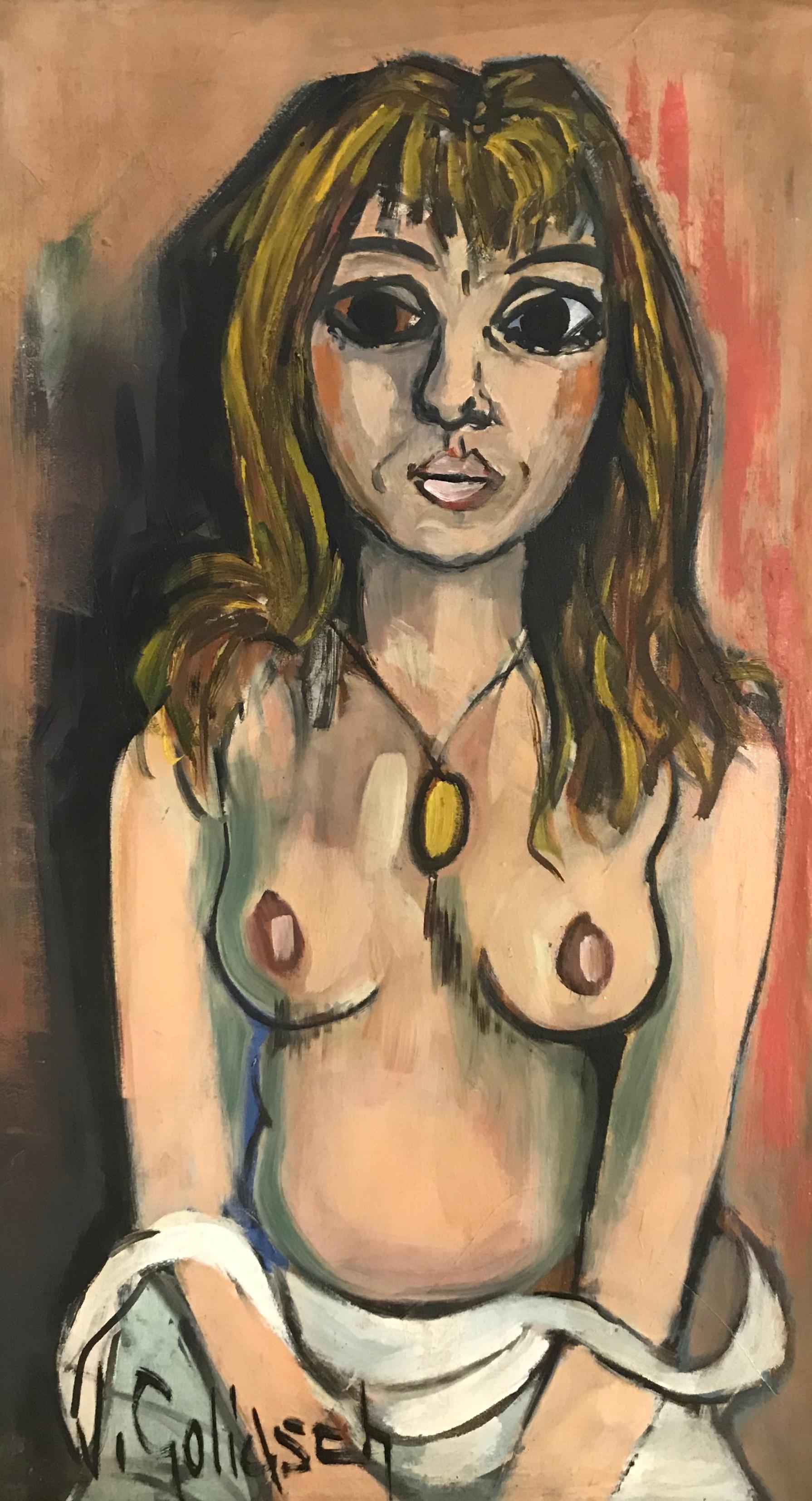William Goliasch Nude Painting - Nude with a yellow medallion by William GOLIASCH - Oil on canvas 46x81 cm