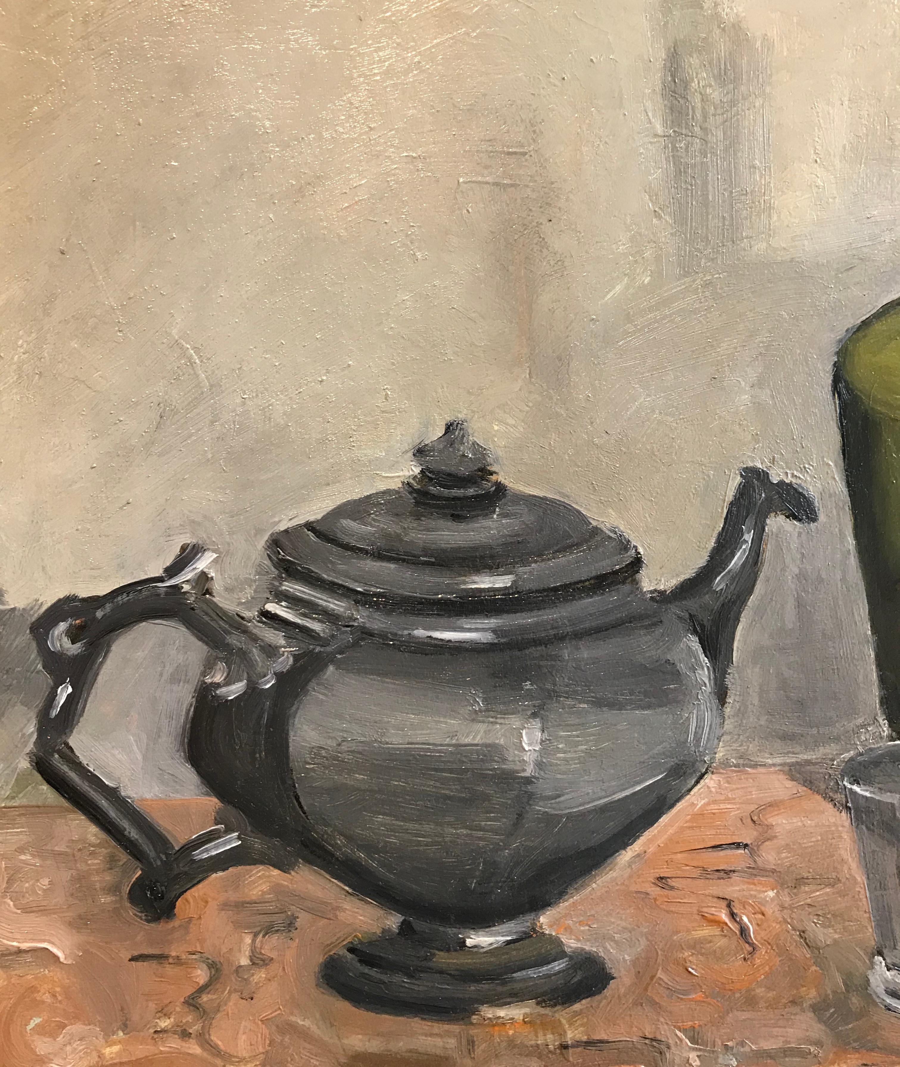 Still life with carafe and teapot - Beige Still-Life Painting by Jean F. Chomel