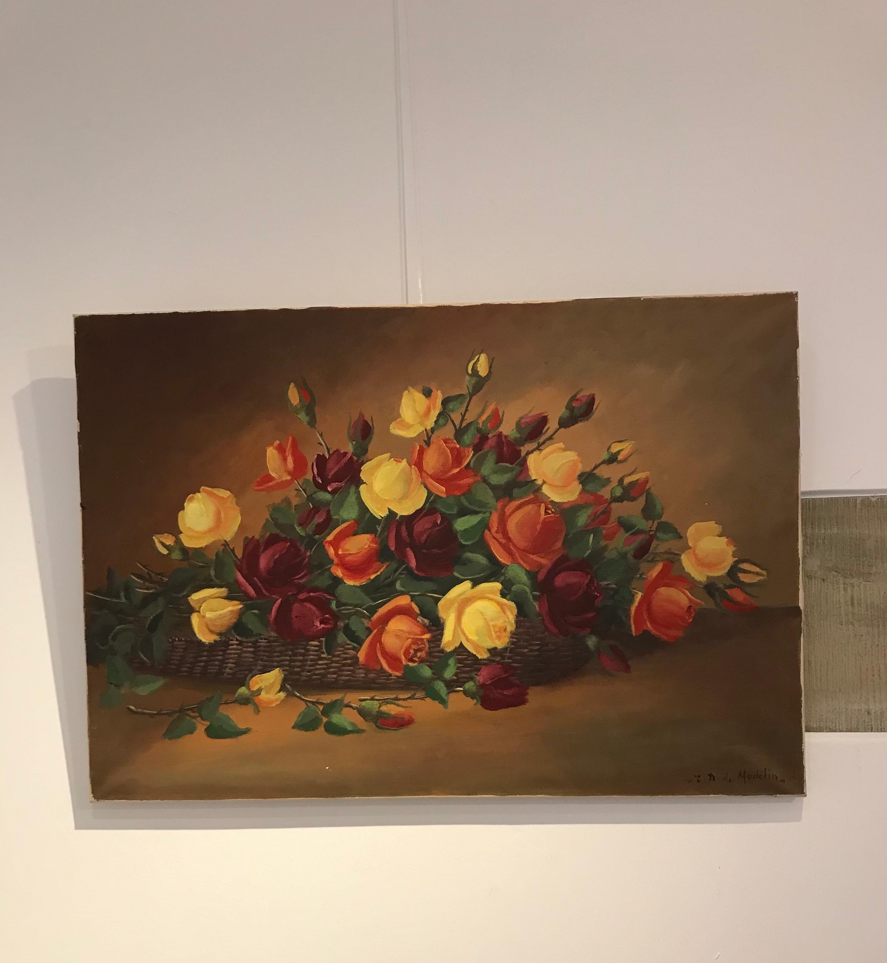 Basket of roses by Eugène Devaud de Madelain - Oil on canvas - Painting by Eugène Devaud De Madelain