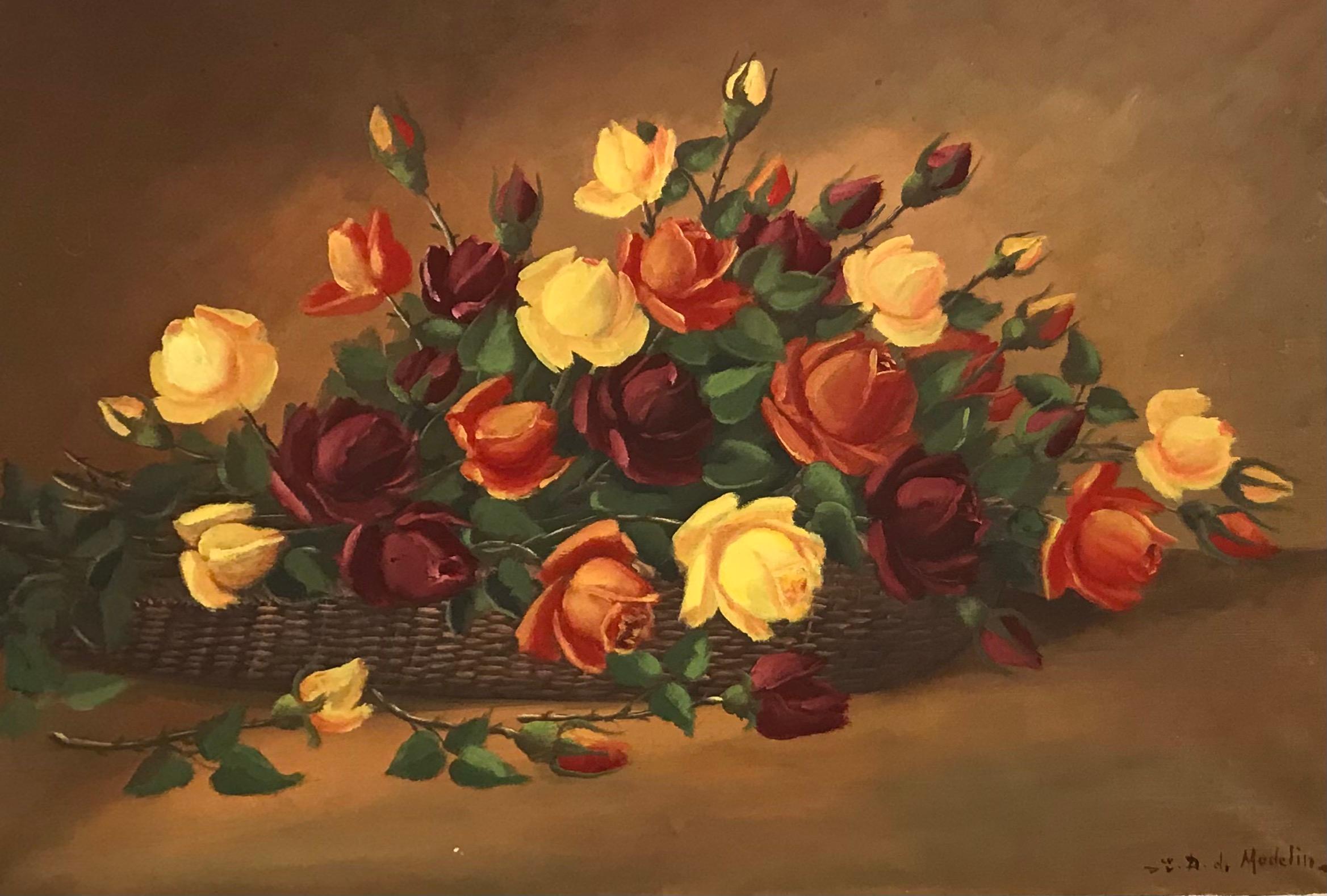 Eugène Devaud De Madelain Still-Life Painting - Basket of roses by Eugène Devaud de Madelain - Oil on canvas