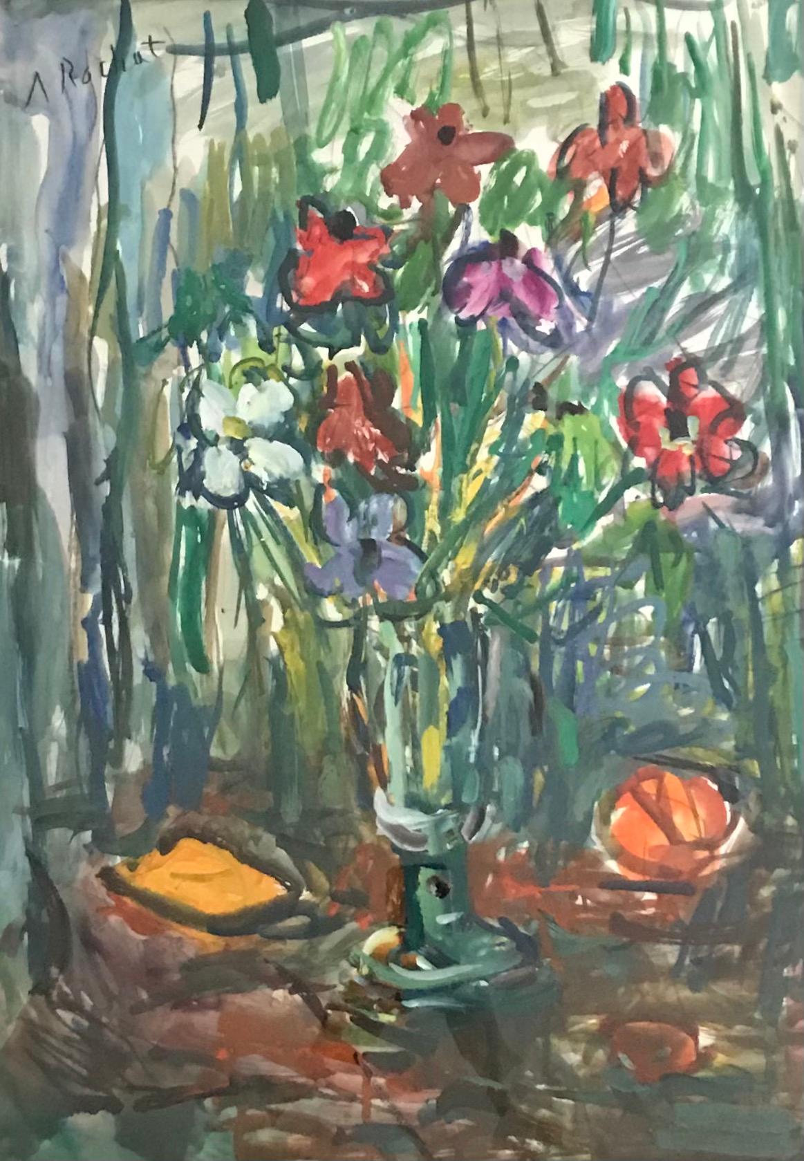 Still-Life Painting Alexandre Rochat - Bouquet et vase sur pied