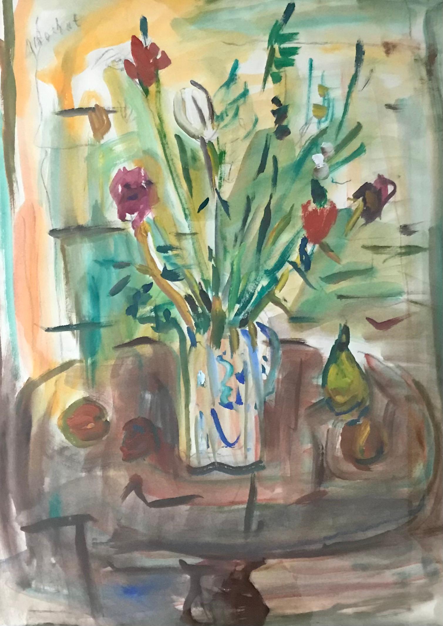 Bouquet in carafe and fruits by Alexandre Rochat - Gouache on paper 53x74 cm