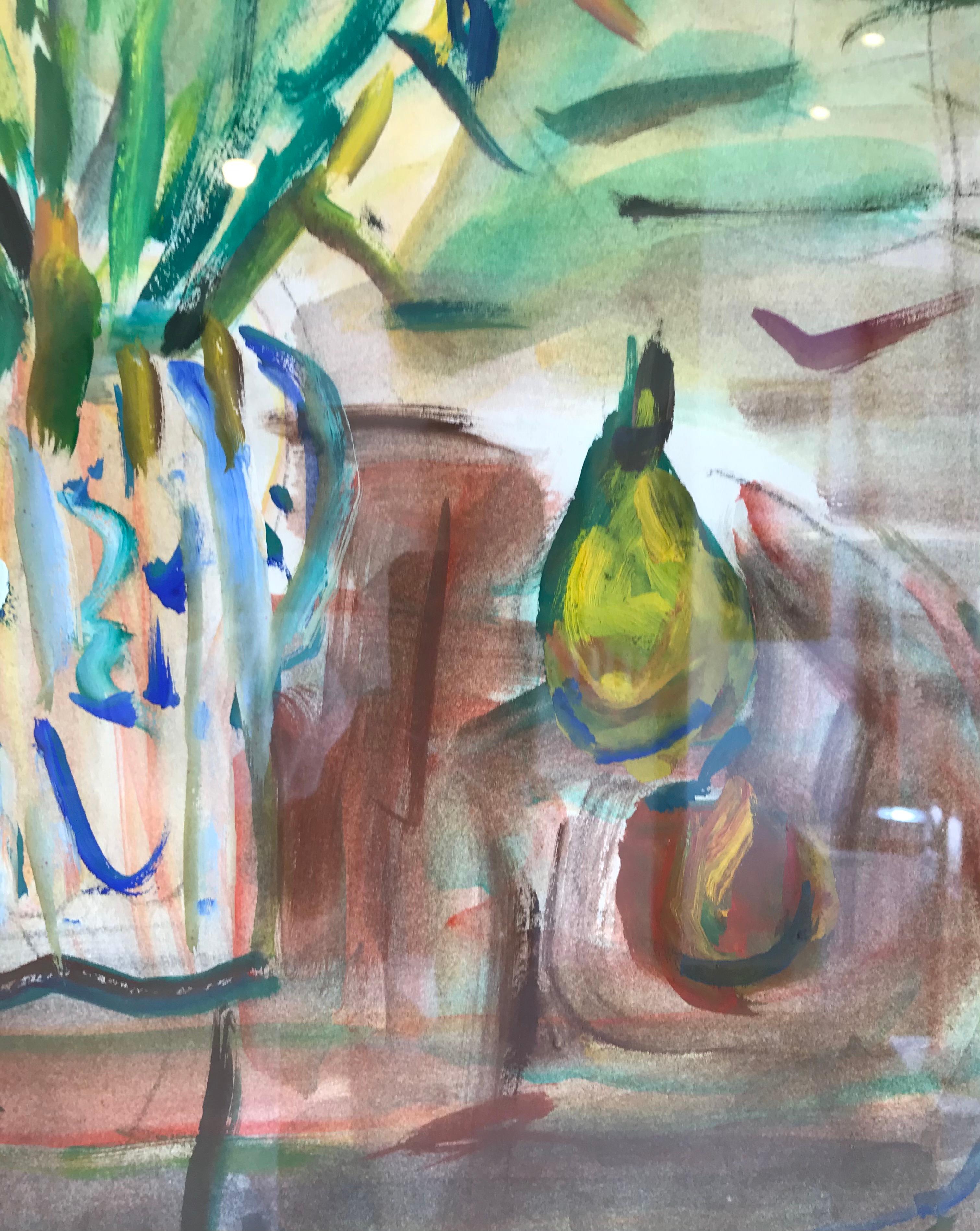Ramo en garrafa y frutas de Alexandre Rochat - Gouache sobre papel 53x74 cm en venta 4