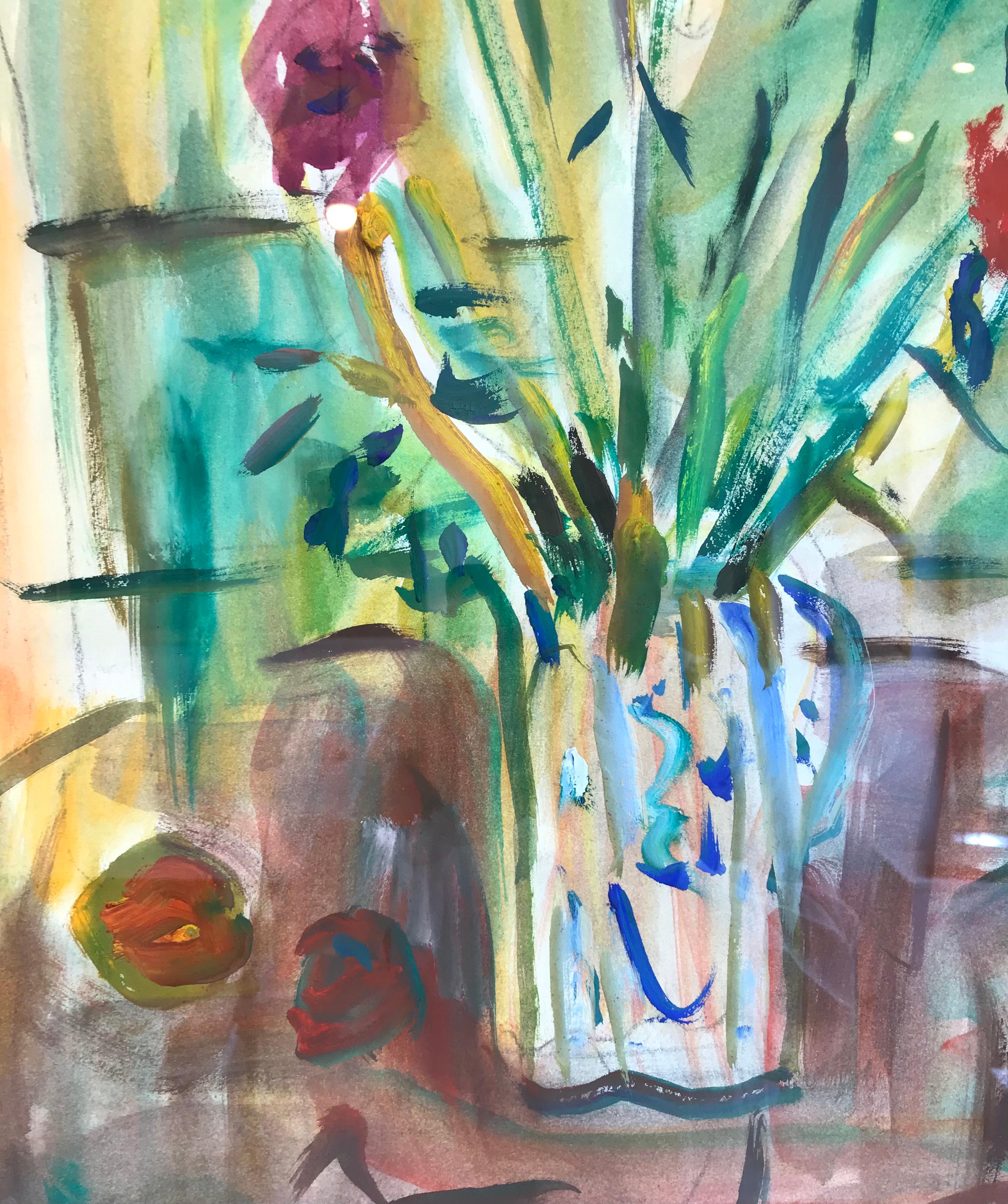 Bouquet in carafe and fruits by Alexandre Rochat - Gouache on paper 53x74 cm For Sale 1