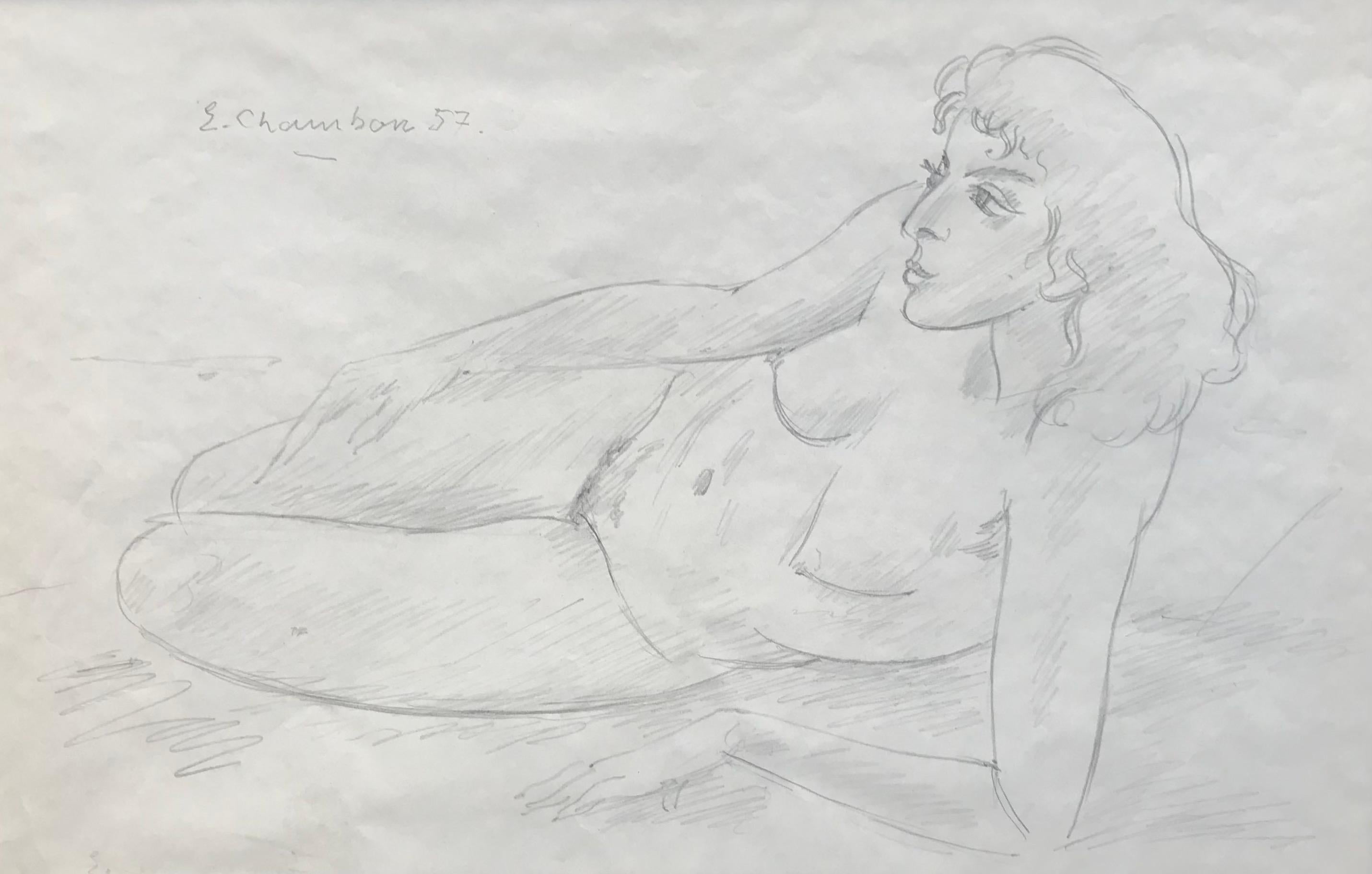 Emile François Chambon Nude - Young naked woman by Emile Chambon - Pencil on paper 43x30 cm