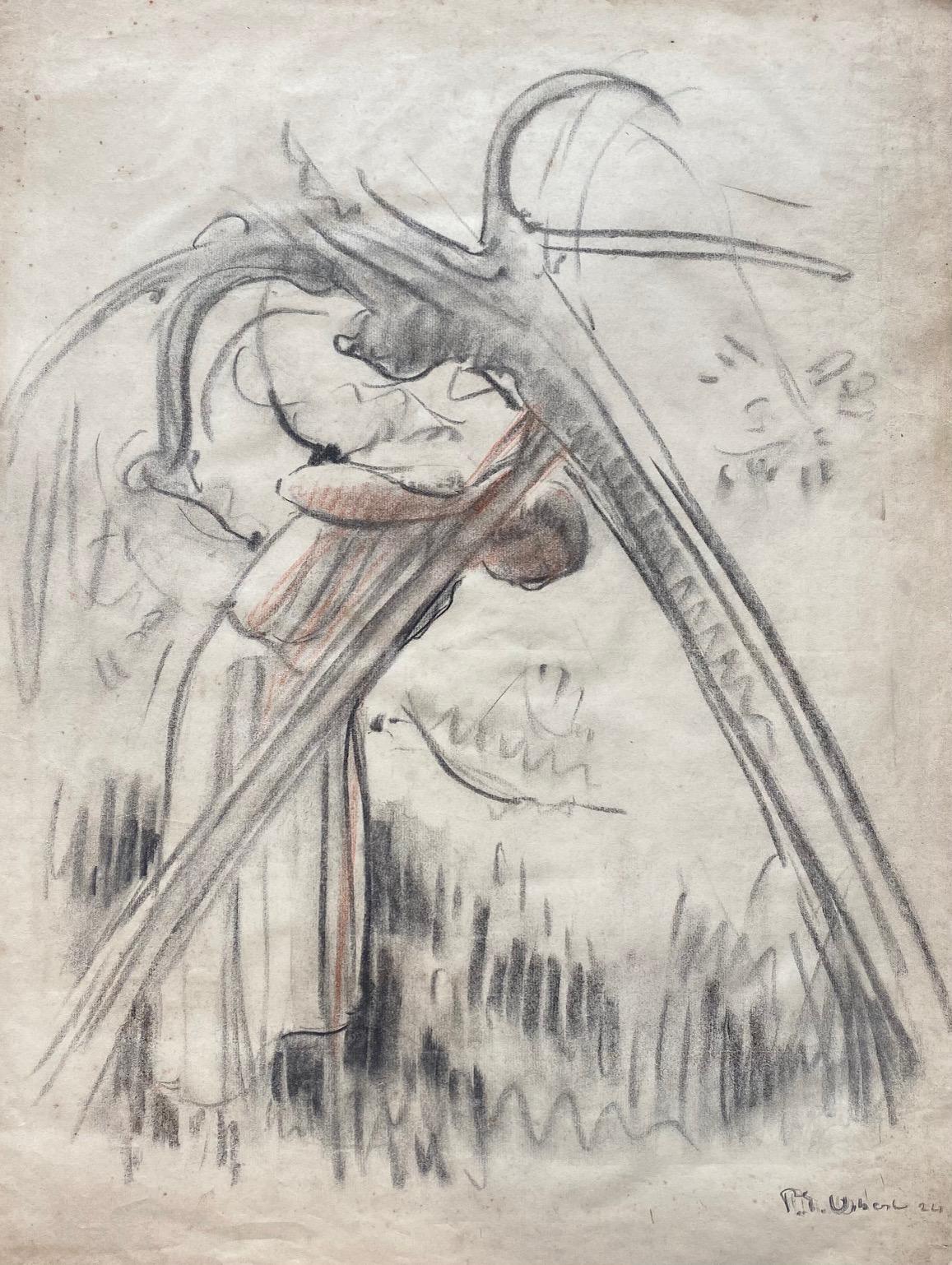 Pierre Eugène Vibert Figurative Art – Unter dem Gewicht des Kreuzes  von Pierre-Eugène Vibert - Holzkohle 63x48 cm