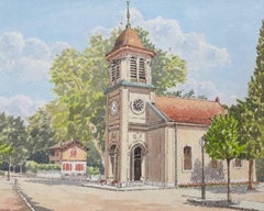 Antique Watercolor by A. Chaudet - The village church 