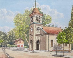 Watercolor by A. Chaudet - The village church 