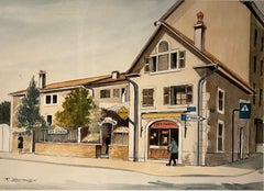 René Zwahlen watercolor - "Petit Saconnex" place, Geneva. 