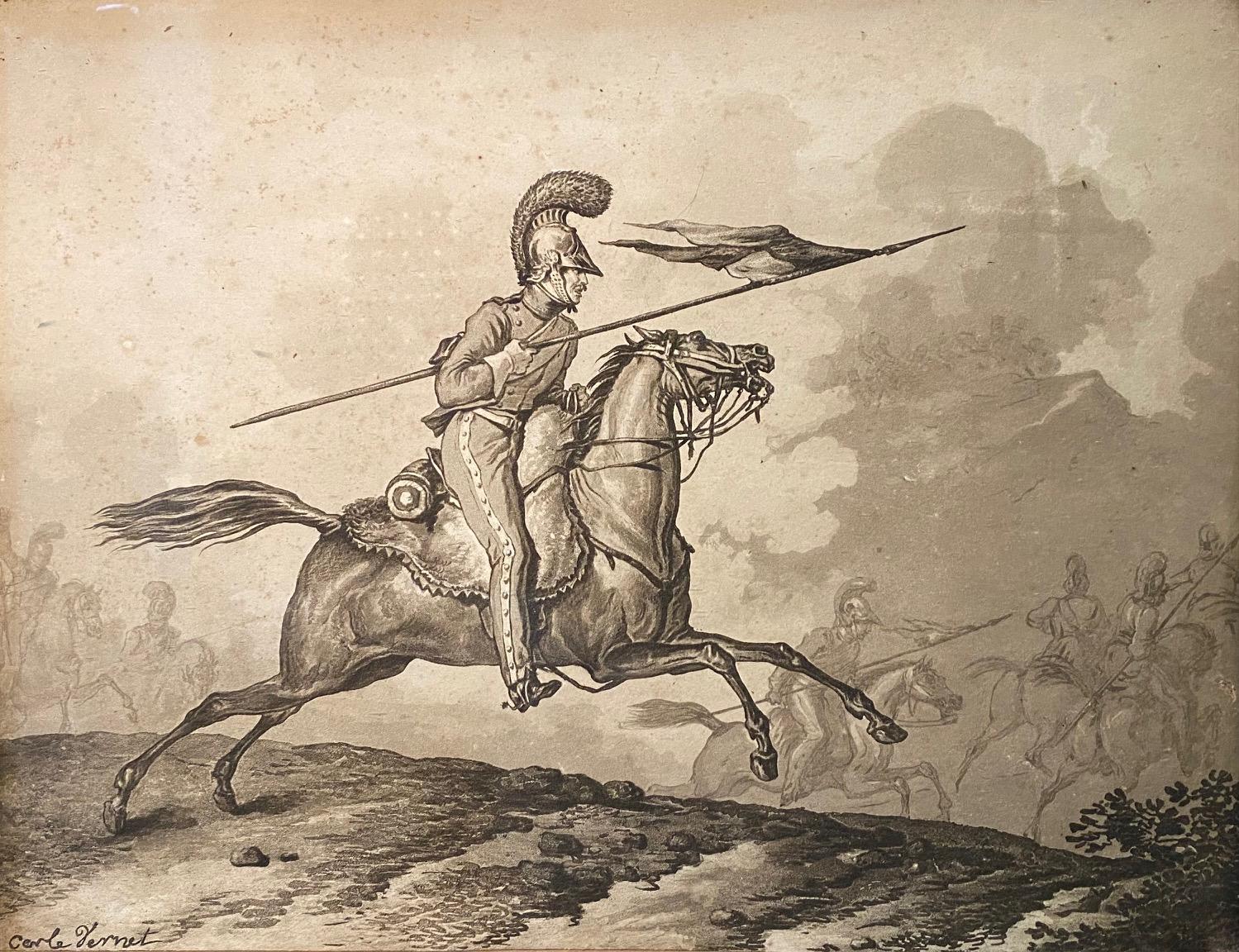 Animal Art Carle Vernet (Antoine Charles Horace Vernet) - Cavalier au galop de Carle Vernet - Dessin sur papier 25x30 cm
