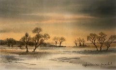 Retro Landscape watercolor by Jeannine Wahl - 18x30 cm