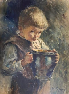 Antique Young boy with carafe by Heinrich Rettig - Watercolor on paper 60x76 cm