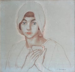 Young Woman with Notebook by Charles Clos Oslommer - Pastel on paper 37x39cm