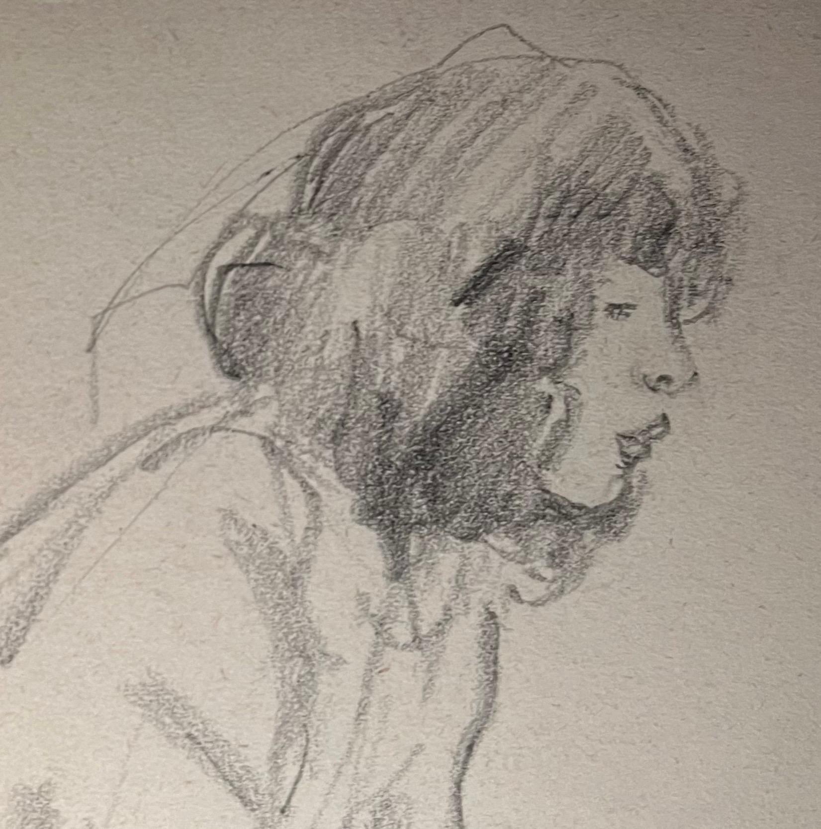 Thoughtful Woman by Benjamin II Vautier - Graphite on paper - 21x16 cm For Sale 2