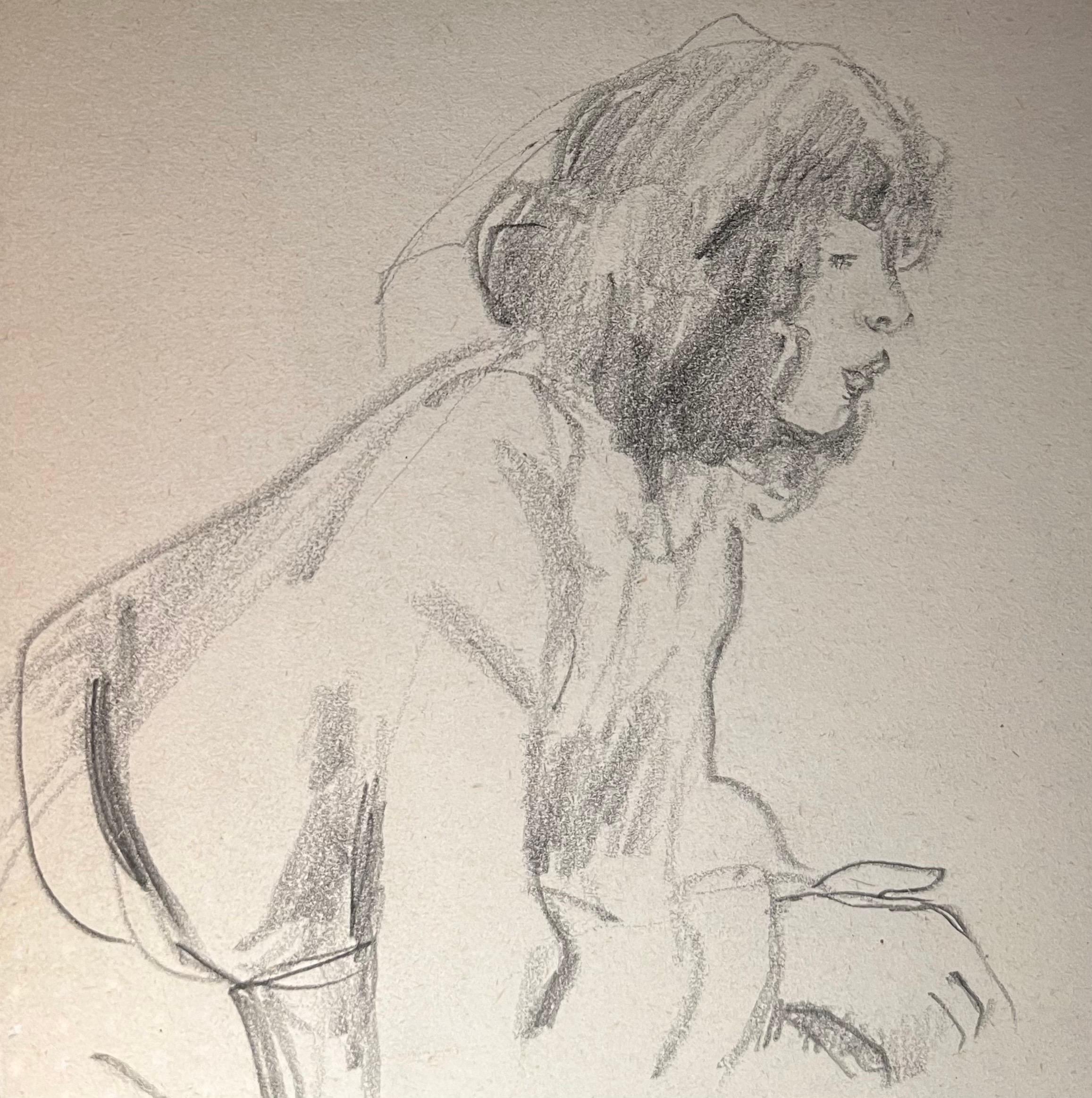 Thoughtful Woman by Benjamin II Vautier - Graphite on paper - 21x16 cm For Sale 1