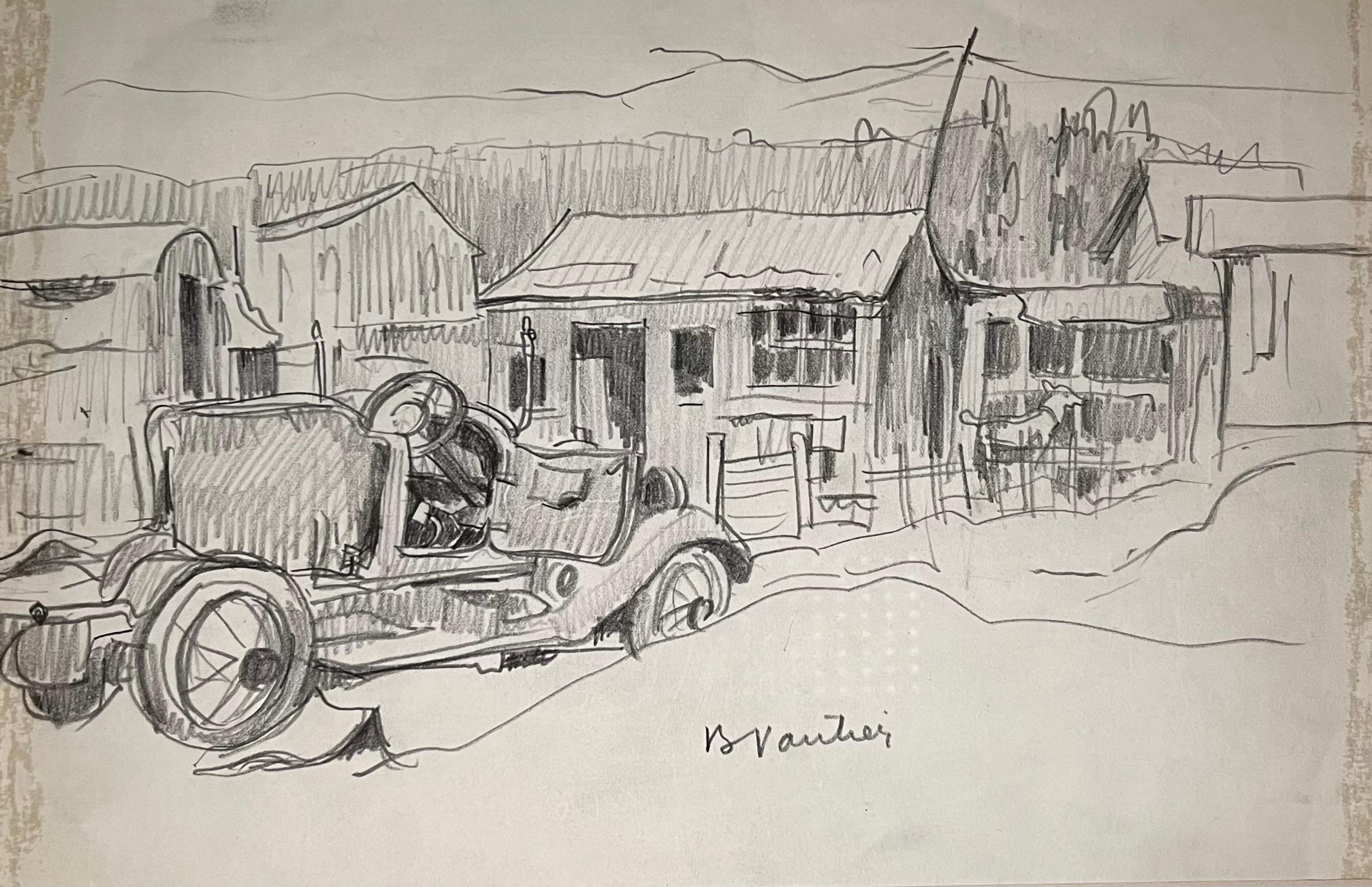 Auto in un villaggio di Benjamin II Vautier - Grafite su carta - 26x17 cm