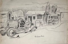 Car in a Village de Benjamin II Vautier - Graphite sur papier - 26 x 17 cm