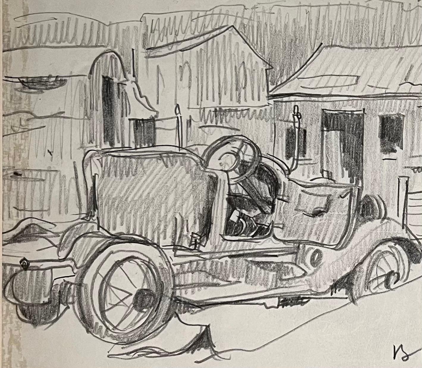 Car in a Village by Benjamin II Vautier - Graphite on Paper - 26x17 cm For Sale 1