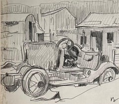 Car in a Village by Benjamin II Vautier - Graphite on Paper - 26x17 cm