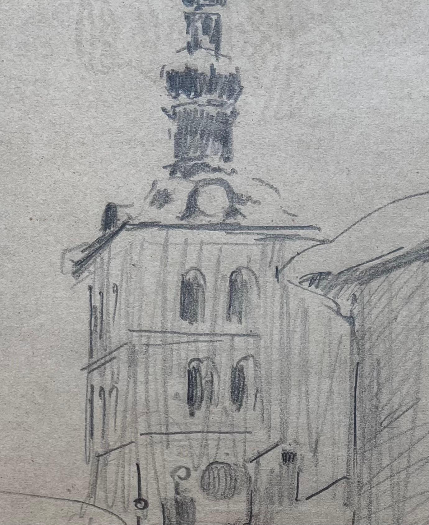 Bell Tower by Benjamin II Vautier - Graphite on Paper - 17x22 cm For Sale 2