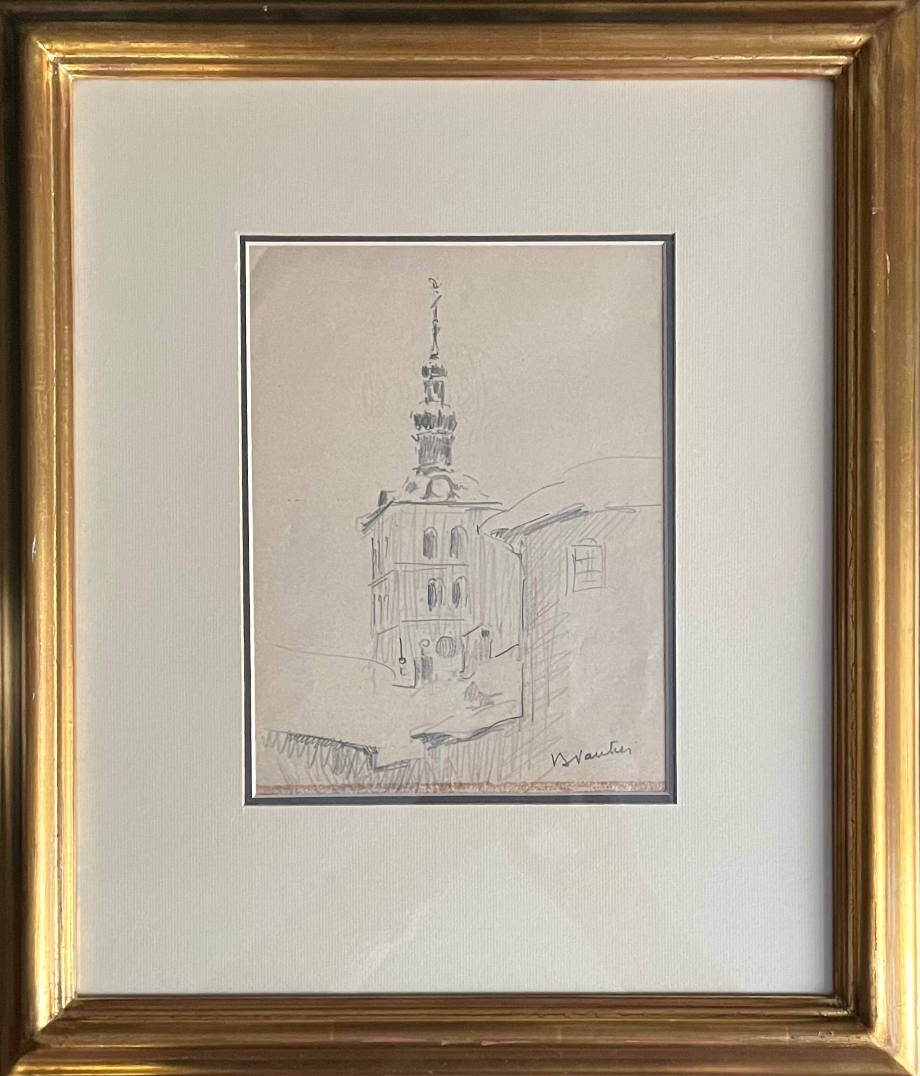 Bell Tower by Benjamin II Vautier - Graphite on Paper - 17x22 cm For Sale 1