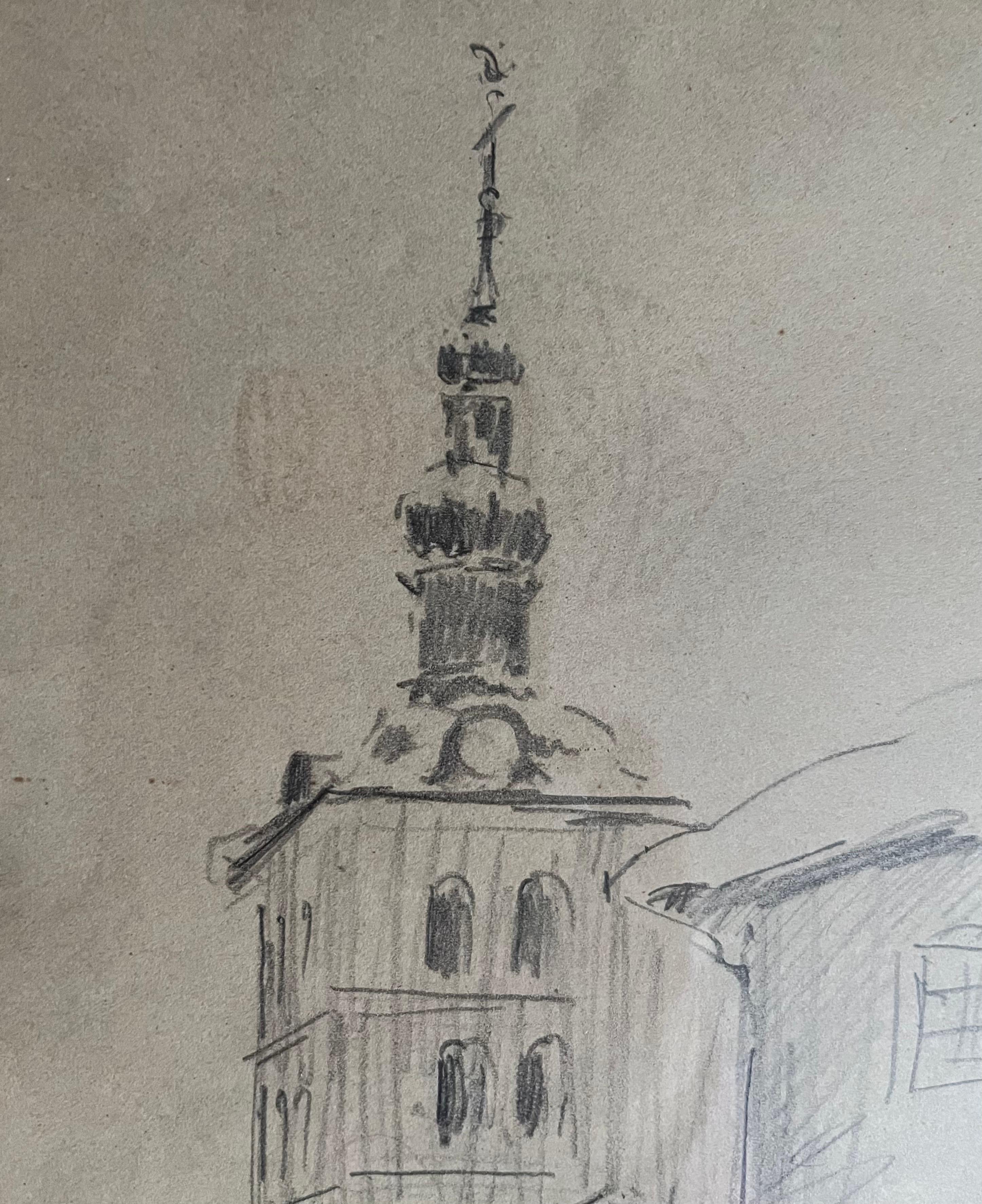 Bell Tower by Benjamin II Vautier - Graphite on Paper - 17x22 cm For Sale 5
