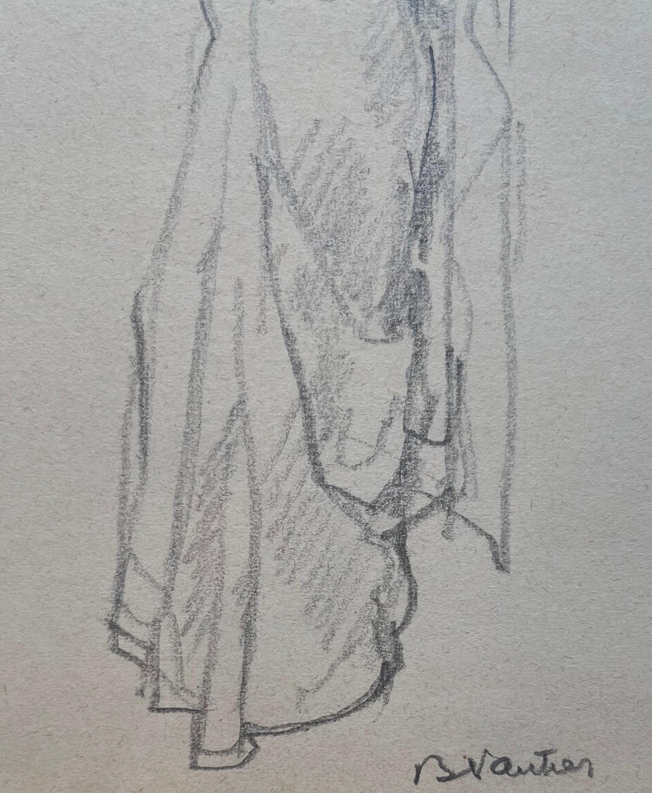 Lady in Tunic by Benjamin II Vautier - Graphite on Paper - 21.5x19 cm For Sale 3