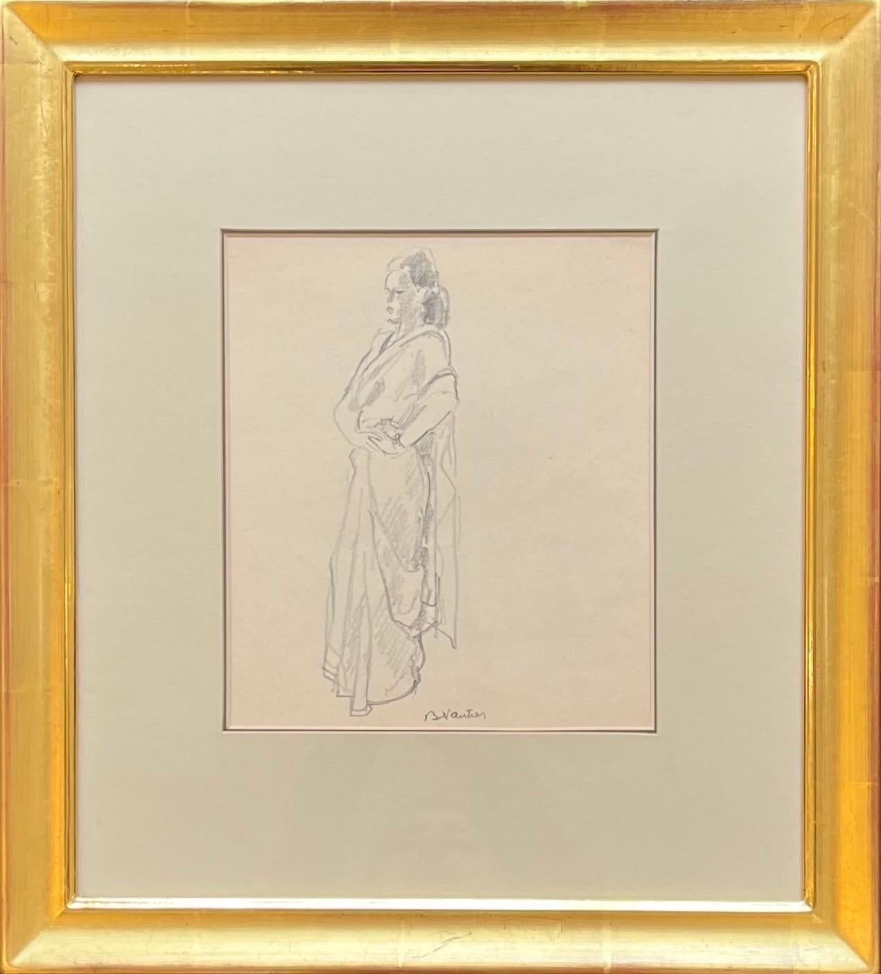 Lady in Tunic by Benjamin II Vautier - Graphite on Paper - 21.5x19 cm For Sale 1