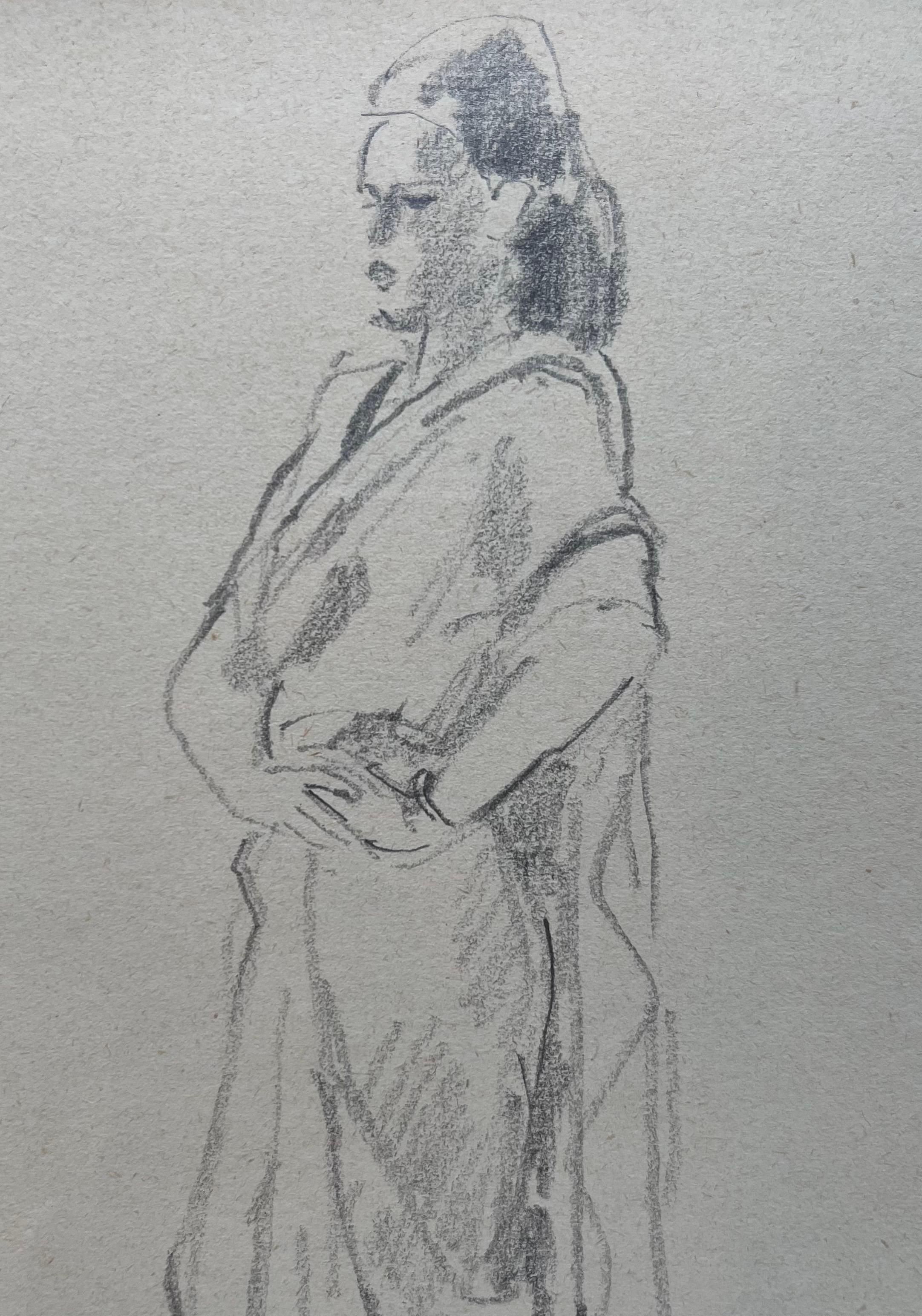 Lady in Tunic by Benjamin II Vautier - Graphite on Paper - 21.5x19 cm For Sale 2