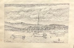 Le lac de Bienne, Suisse par Pierre Desaules, dessin 20x29 cm