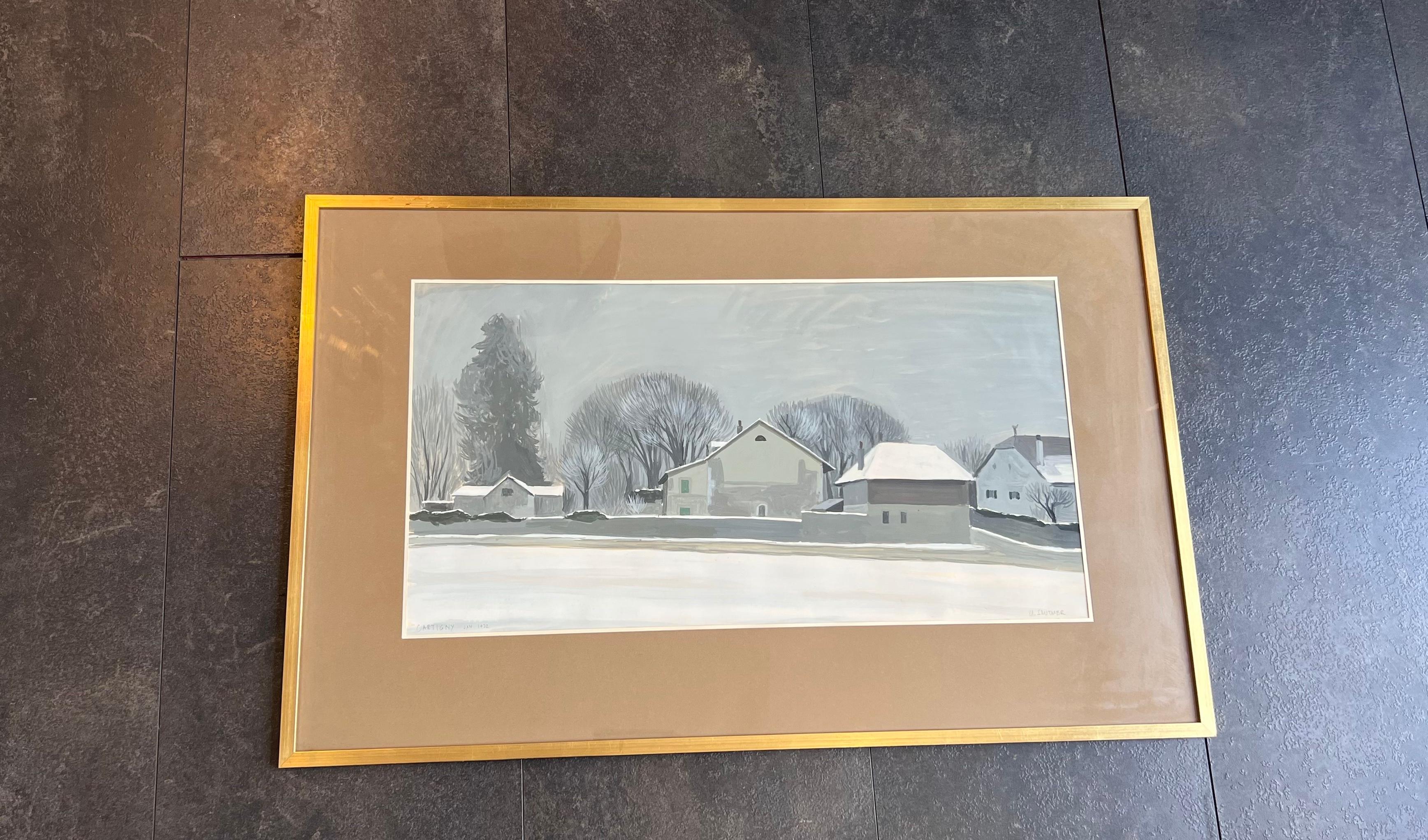 Cartigny, Suisse by Claude Sauthier - Gouache on paper 38x68 cm For Sale 1
