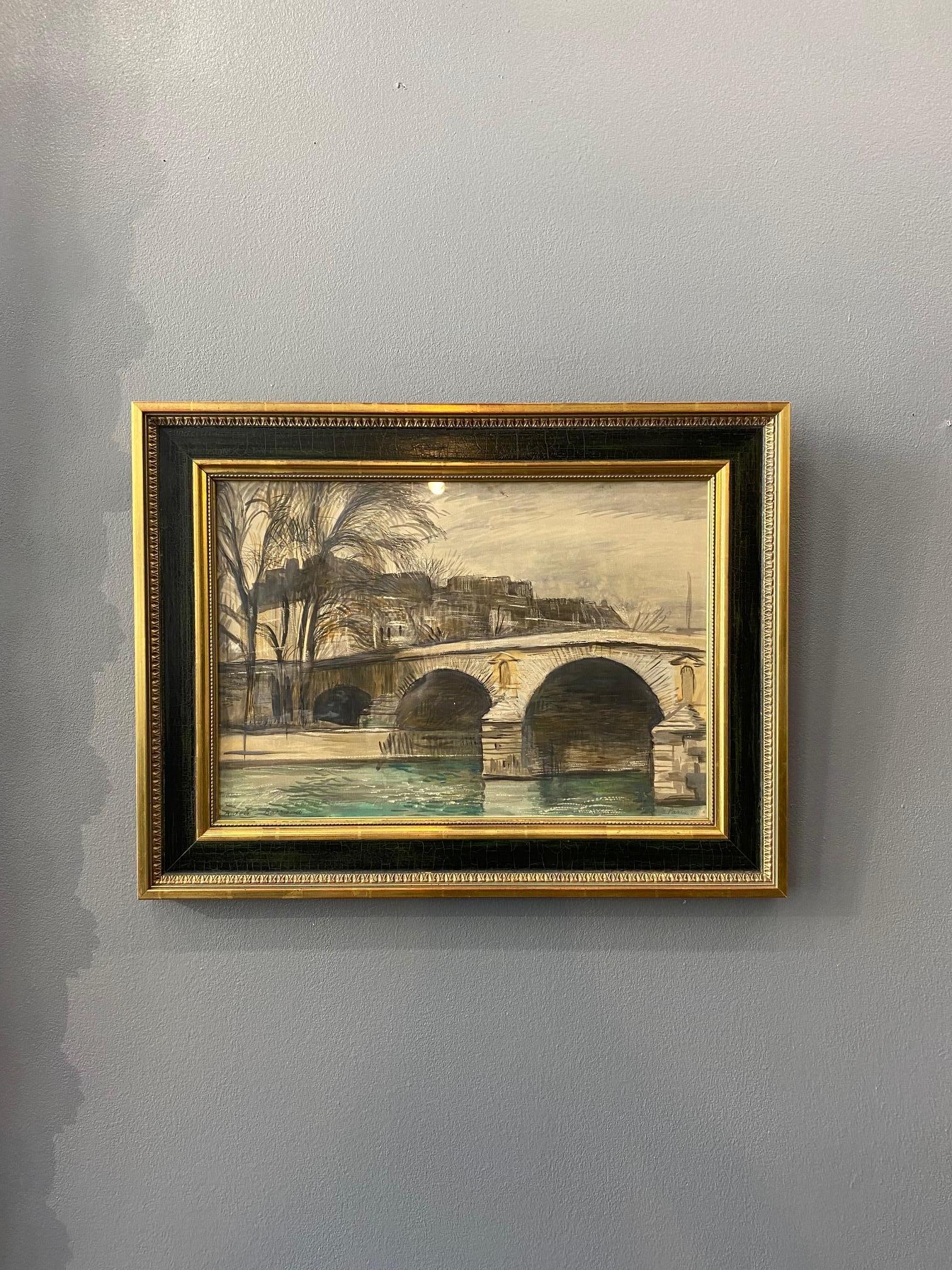 Pont de Paris by Aurèle Barraud - Gouache on paper 36x52 cm For Sale 2
