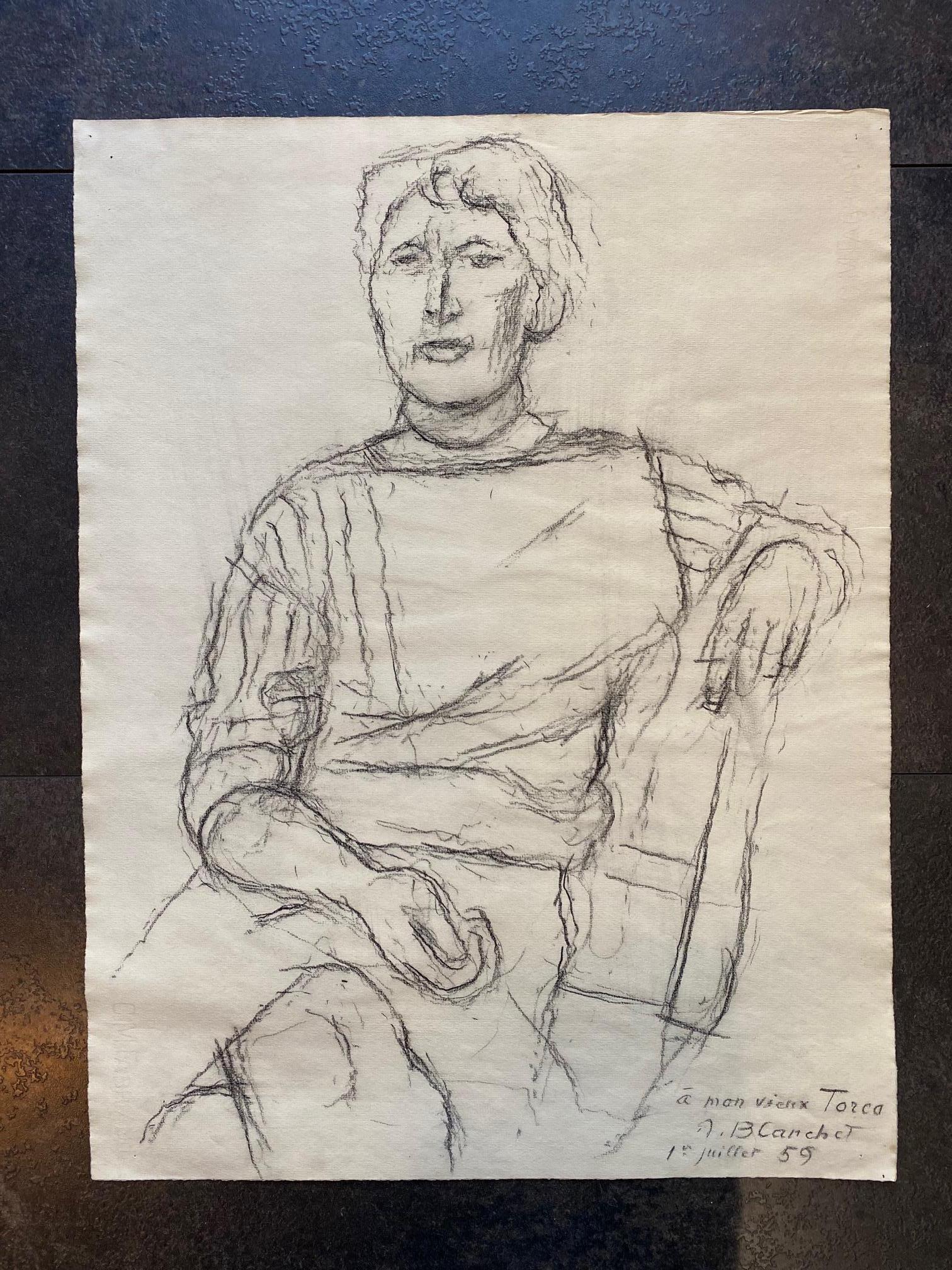Portrait pour Torca by Alexandre Blanchet - Charcoal on paper 44x58 cm For Sale 1