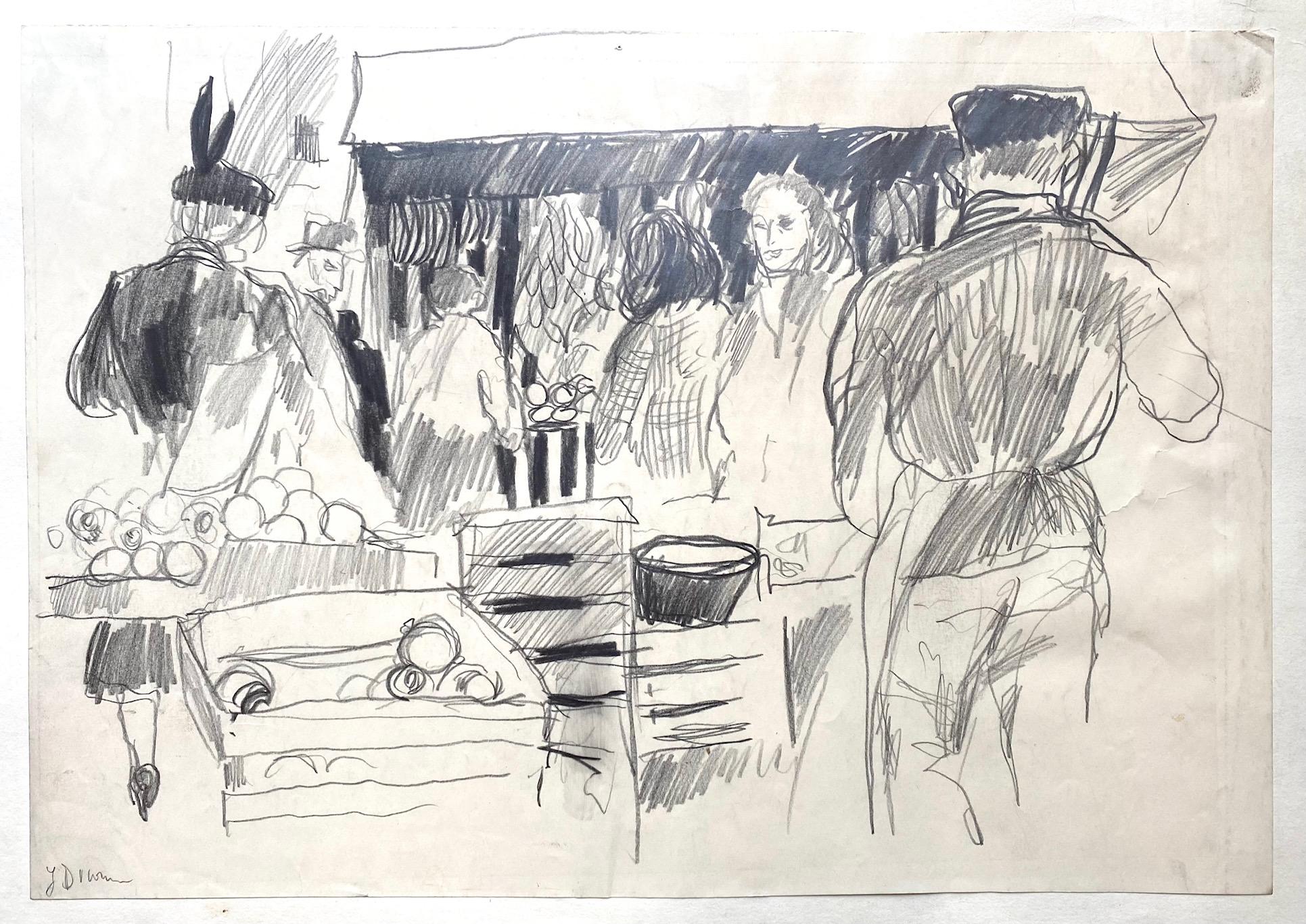 At the market by Jean Ducommun - Drawing 30x42 cm For Sale 1