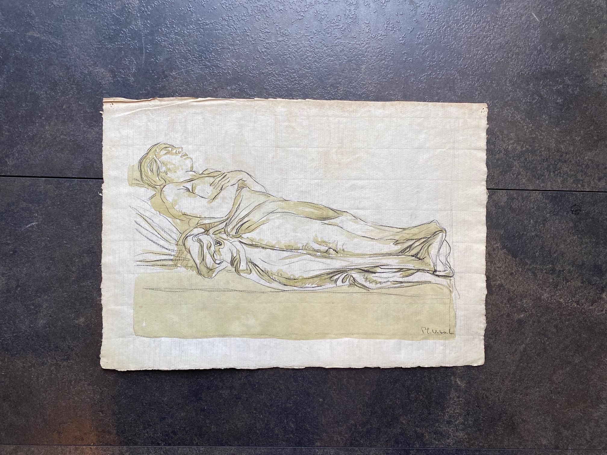 Sur le lit de mort de Pierre-Eugène Vibert - Gouache sur papier 33x47 cm - Art de Pierre Eugène Vibert
