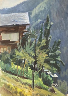 Trees and mazot by Charles Goetz - Watercolor 35x50 cm