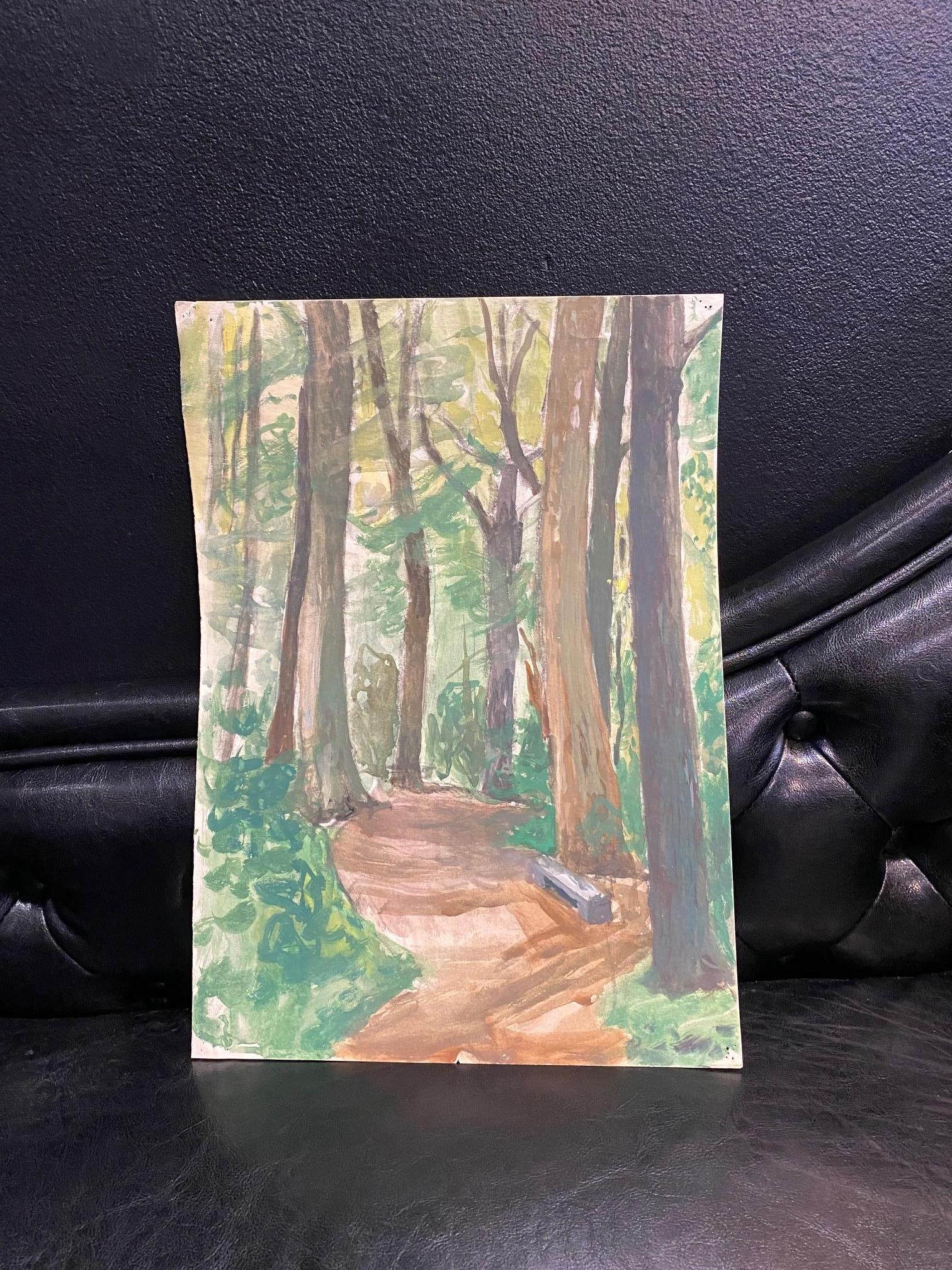 Stone bench under the woods by Charles Goetz - Watercolor 42x30 cm - Art by Isaac Charles Goetz