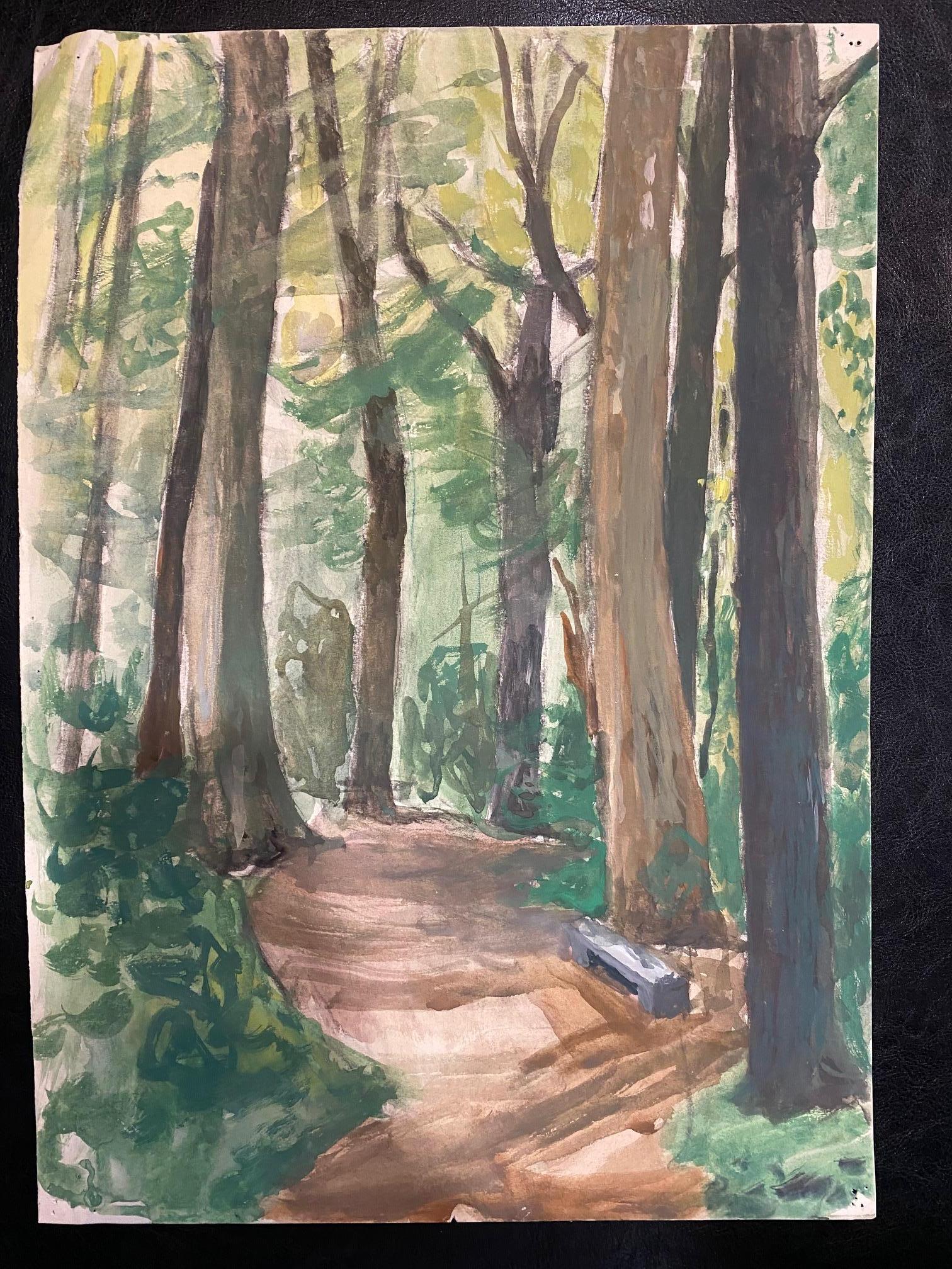 Stone bench under the woods by Charles Goetz - Watercolor 42x30 cm - Modern Art by Isaac Charles Goetz