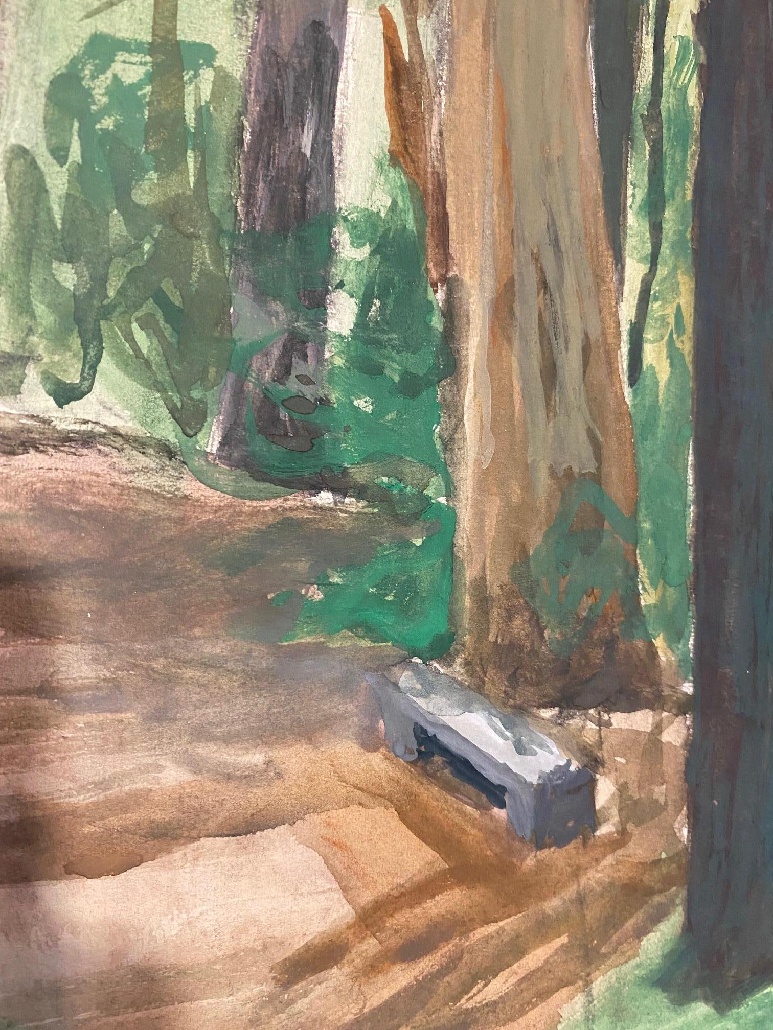 Stone bench under the woods by Charles Goetz - Watercolor 42x30 cm - Gray Landscape Art by Isaac Charles Goetz