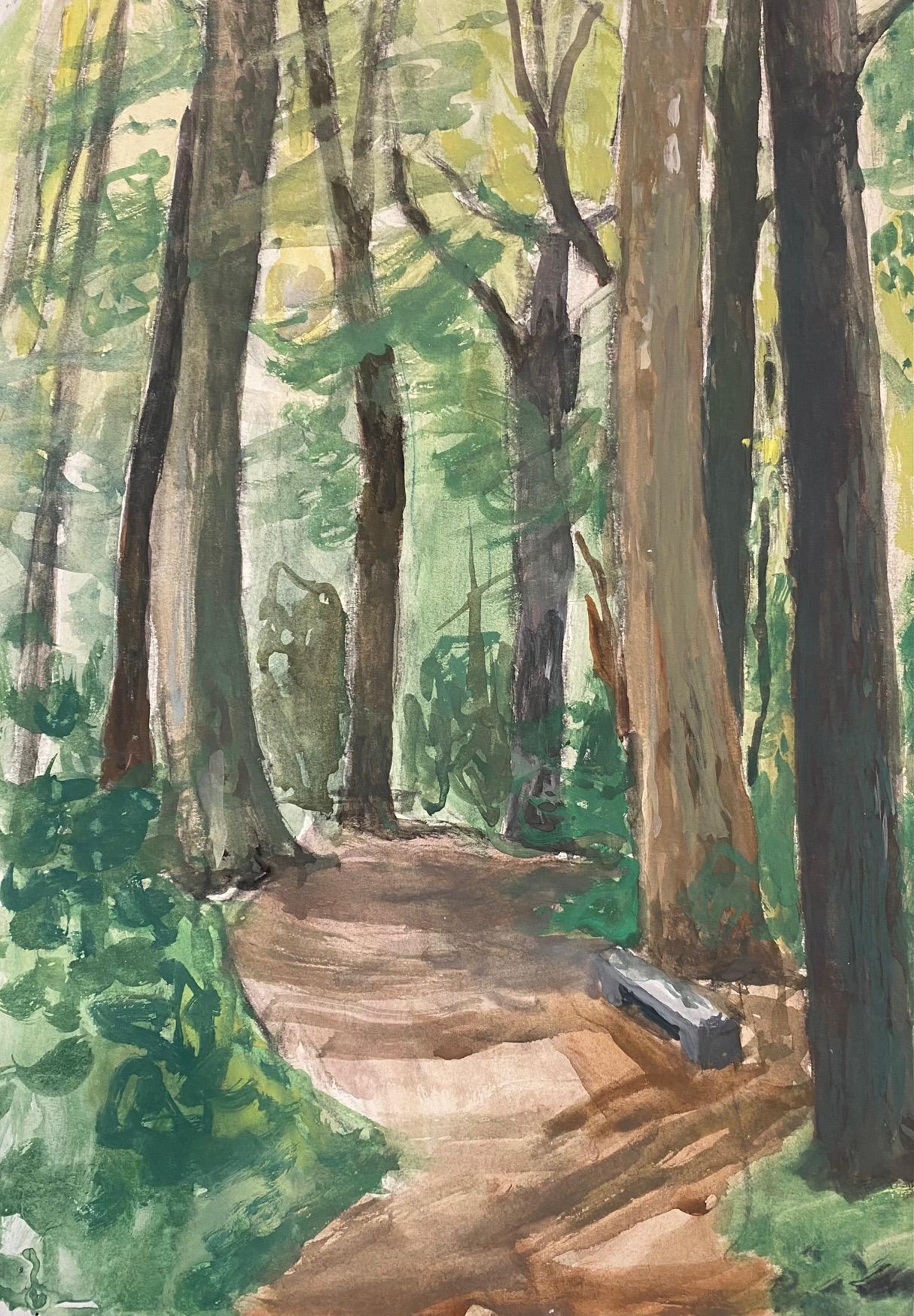 Isaac Charles Goetz Landscape Art - Stone bench under the woods by Charles Goetz - Watercolor 42x30 cm
